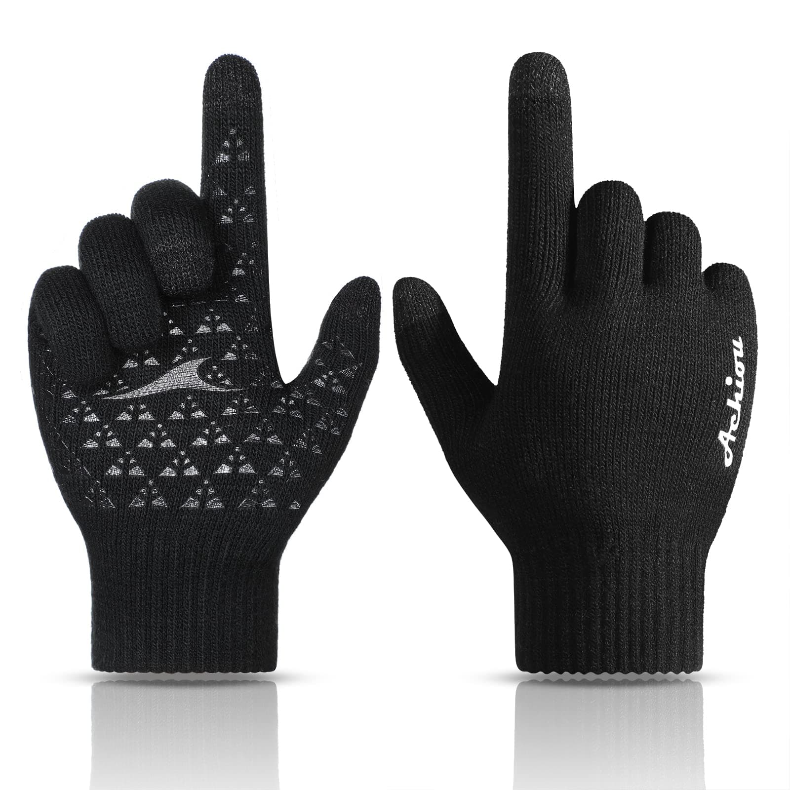 Achiou Winter Knit Gloves Touchscreen Warm Thermal Soft Lining Elastic Cuff Texting Anti-Slip 3 Size Choice for Women Men