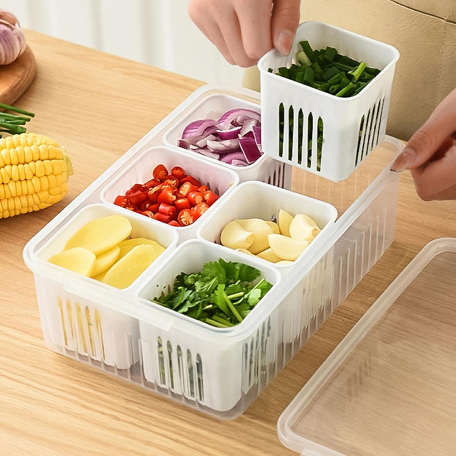 VEWIKZY | 6 Grid Fridge Storage Boxes, Kitchen Storage Container Set, Vegetable Storage box, Draining Crisper Refrigerator Food Box