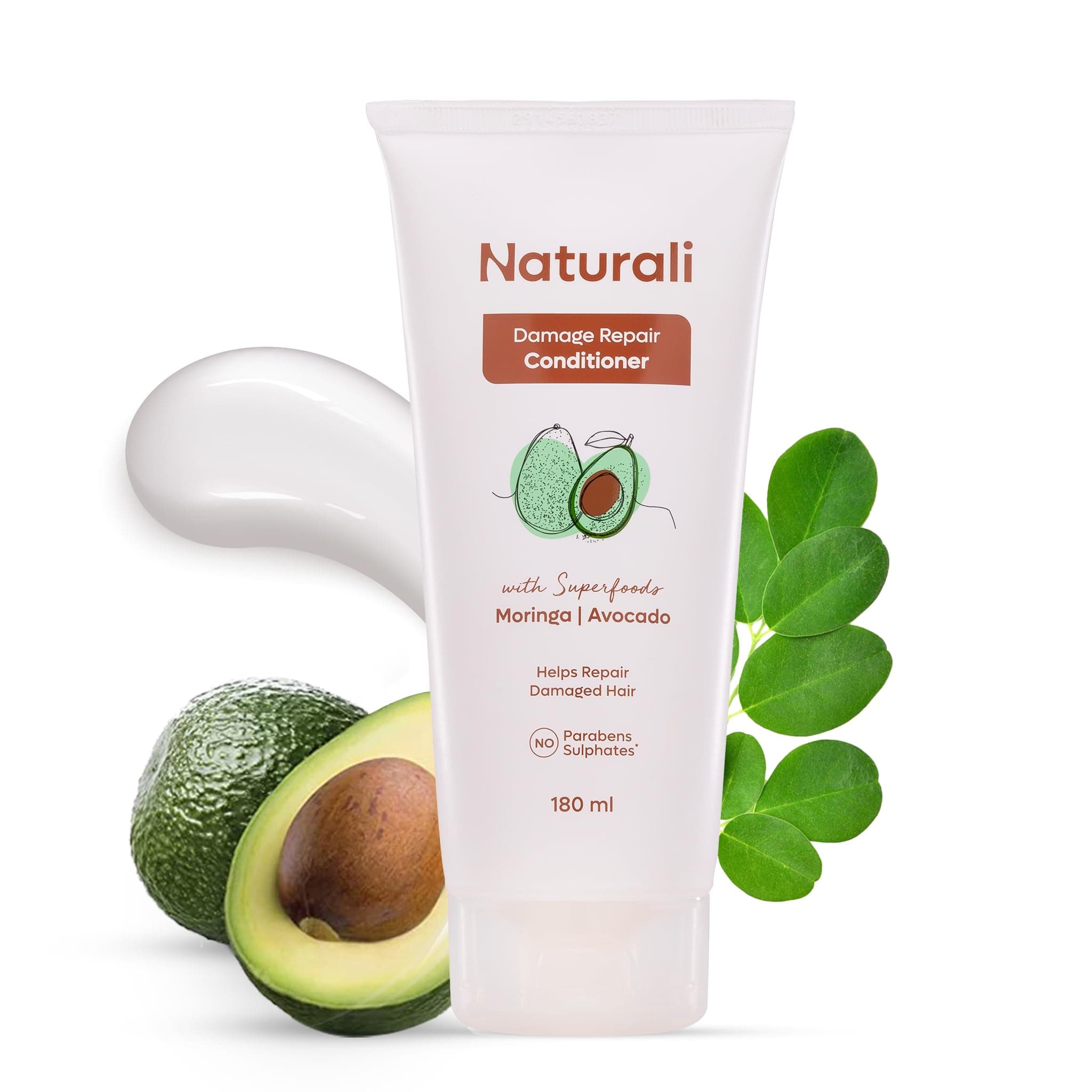 Naturali Damage Repair Conditioner with Avocado & Moringa Oil | No Sulphates, No Parabens | Deeply Hydrates & Smoothens Damaged Hair | Repairs Split Ends | Conditioner 180ml Tube