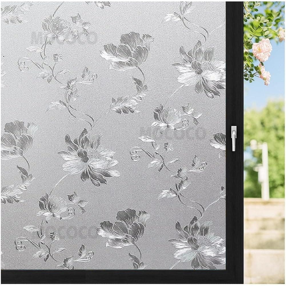 MOCOCO Premium Vinyl Privacy Stained Frosted Window Glass Film (24x96 Inch) - Self-Adhesive Tint Wallpaper Sticker Opaque Sheet for Glass Cover Window, Door, Office, Home.| Anti-UV. Frosted Flowers