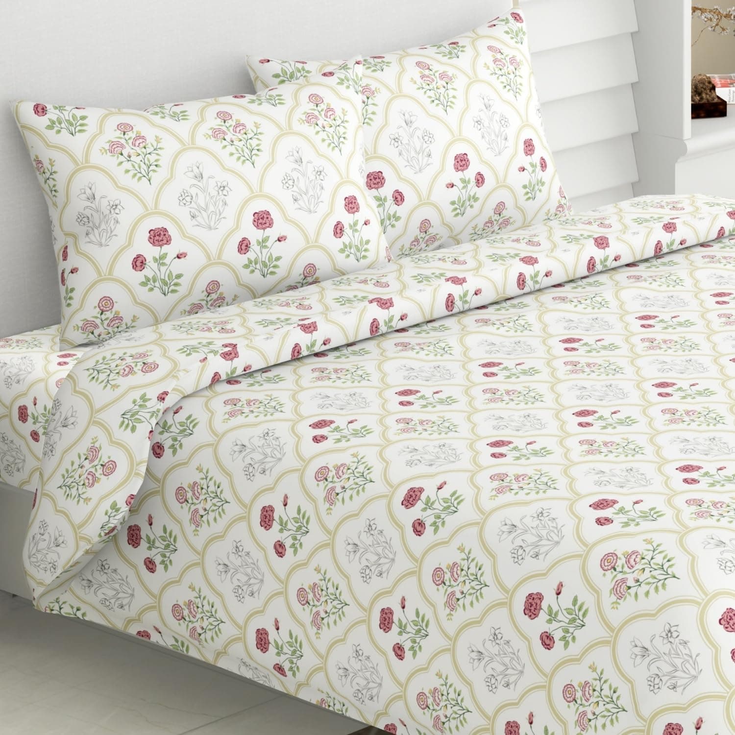 haus & kinder Bedsheet for Double Bed King Size, 108X108 Inches King Size Bed Sheet Cotton 186 TC Bedsheets with 2 Pillow Covers- Rose Serenity