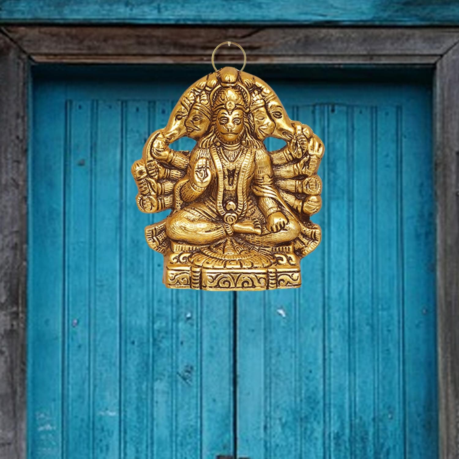 Kitlyn Metal Panchmukhi Hanuman Idol Statue Showpiece (Suraksha Kawach Mask) Panchmukhi Hanuman Ji Murti (Wall Hanging) 5.1" inch, Golden Finish, 1 Pcs