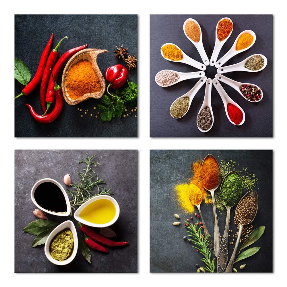 Pyradecor 4 Pieces Colorful Spices and Spoon Vintage Canvas Prints Still Life Paintings Pictures Canvas Wall Art for Living Rome Home Kitchen Decorations AH4090-3030