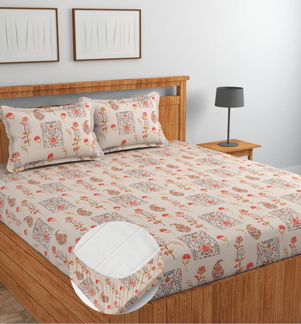 NEW LEAF Fitted Flat Double Bedsheet with 2 Pillow Covers