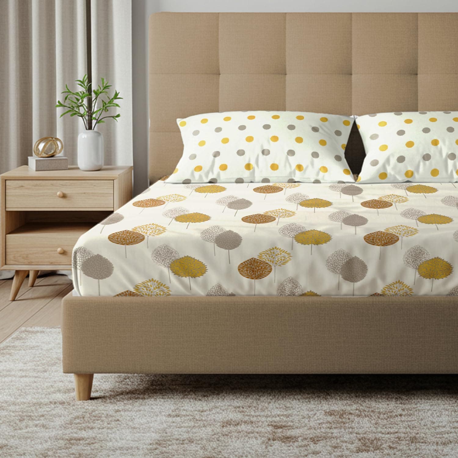 Urban Space Serene 100% Cotton Bedsheet for Double Bed, Floral Printed Queen Size Bed Sheet with 2 Pillow Covers (88 x 100 Inches, Light Brown)