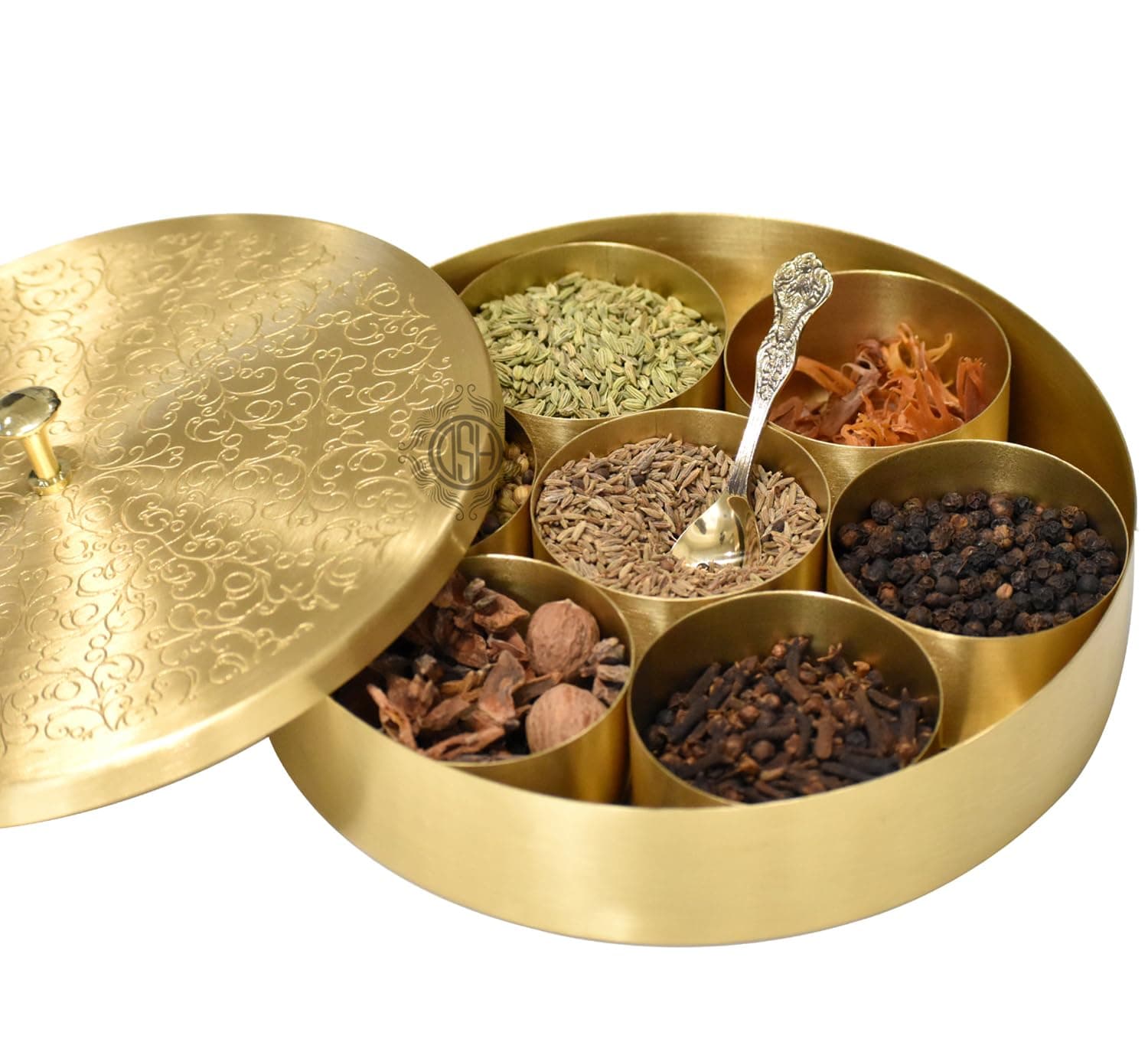 DSH CRAFTING YOUR CURIOSITY Pure Brass Spice Box (Masala Dani) Set With 1 Spoon And 7 Containers For Kitchen Floral Design Gold Colour. (8 Inch)