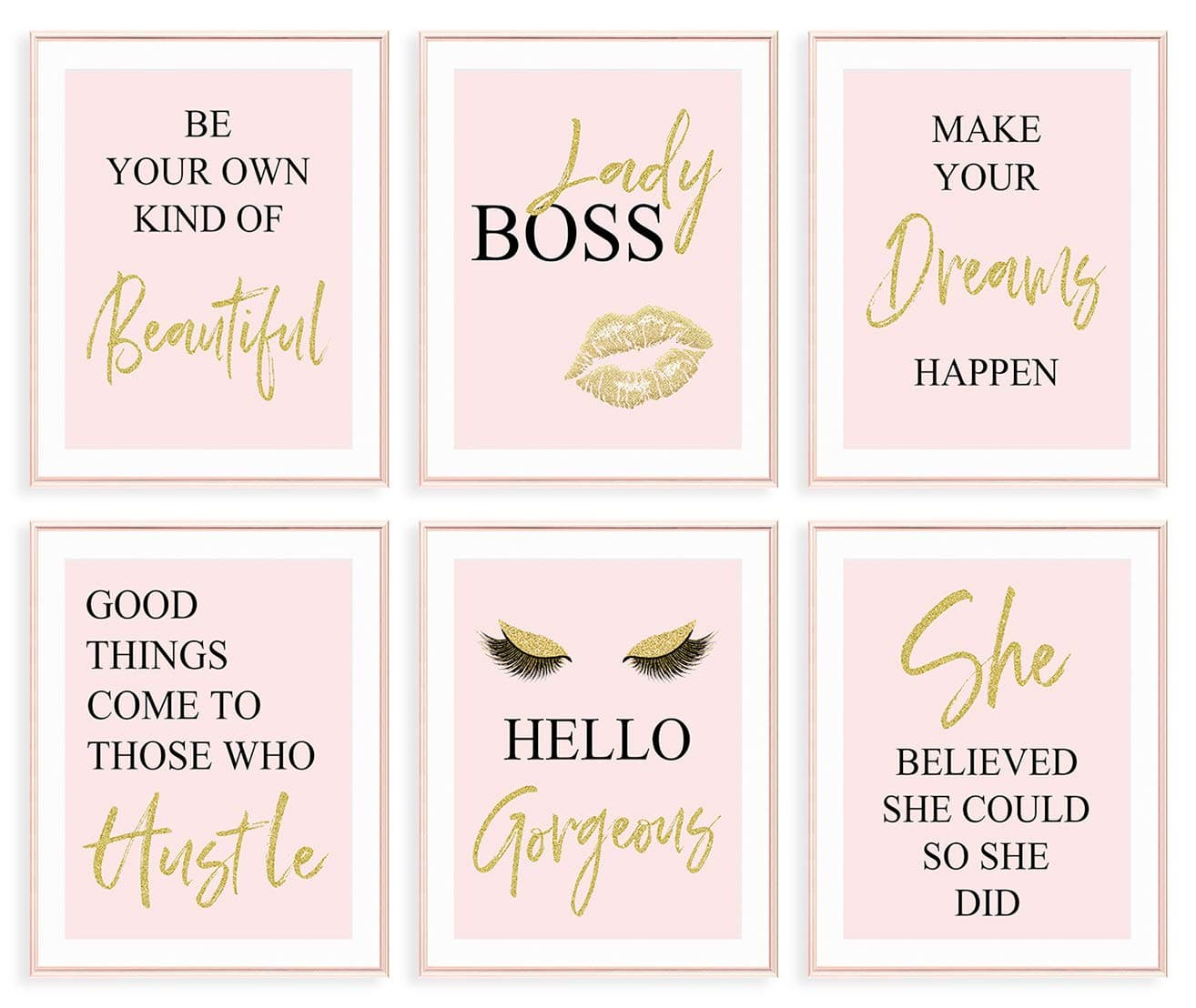 GIFTSFARM Cardstock Inspirational Wall Art,Bedroom Decor For Women,Pink Room Decor,Teen Girls Fashion Makeup Home Wall Decoration Picture Poster,Bathroom Decor,Office Decor (Set Of 6,8X10In,Unframed)