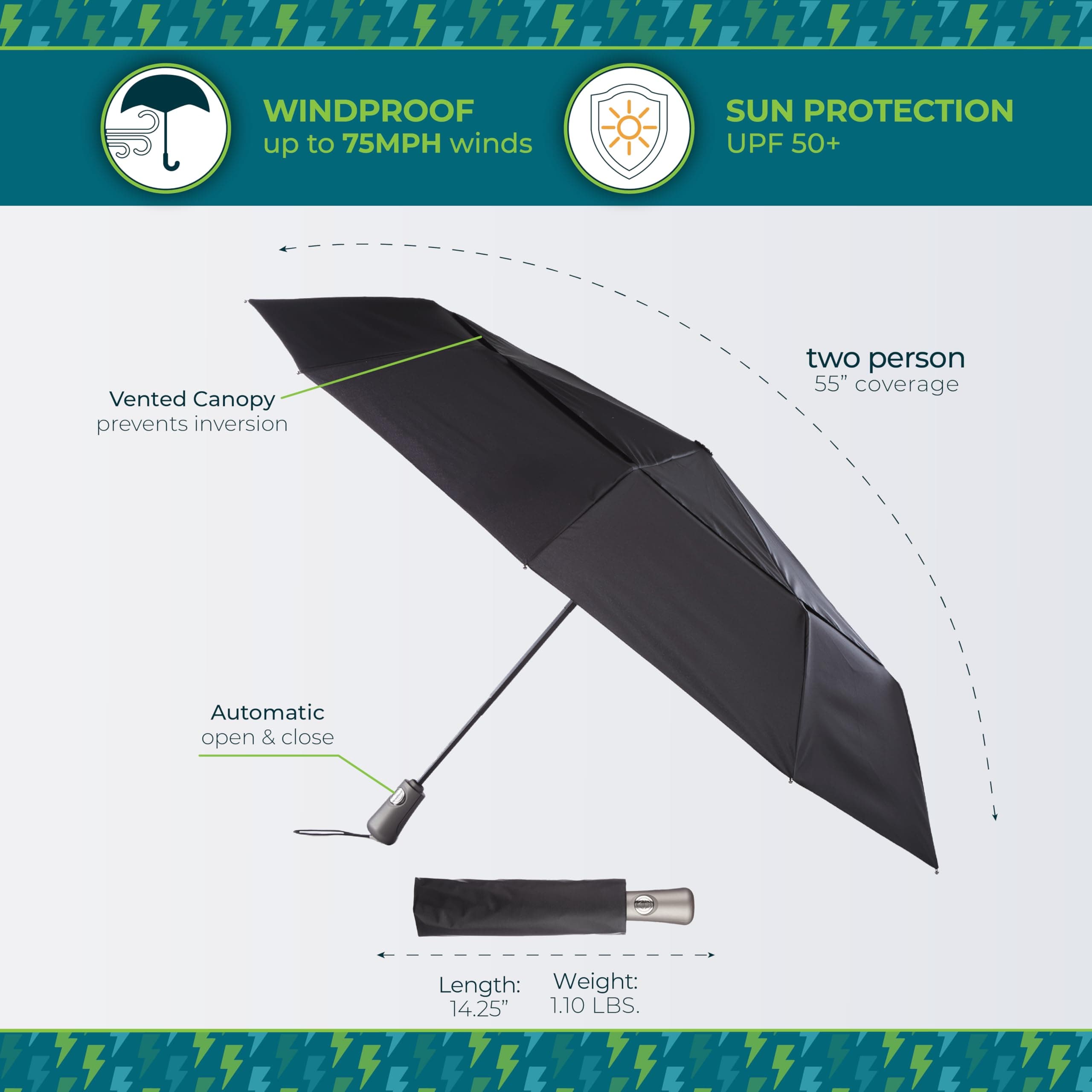 totes Men's and Women's Ultimate Protection Folding Umbrella with Auto Open Close Windproof Sun Protection, BLACK, 55" Canopy, Auto Open/Close Windproof Ultimate Compact Umbrella with UV and Water