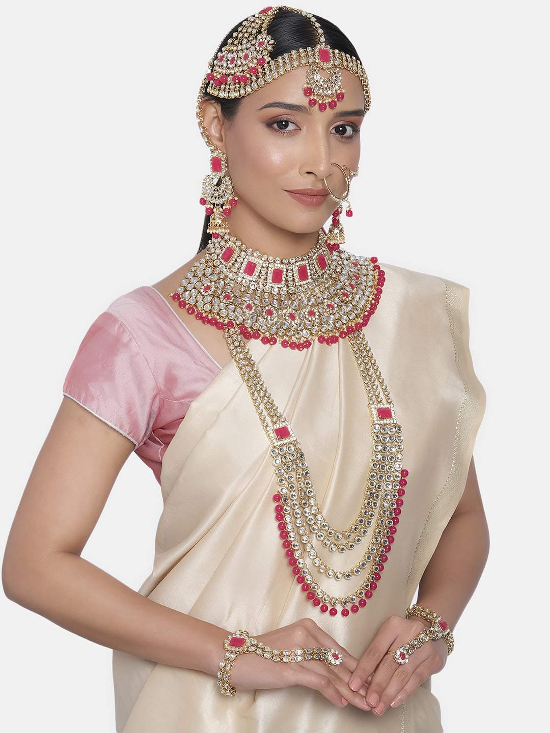 Peora Ethnic Indian Traditional Gold Plated Kundan Dulhan Bridal Jewellery Set Choker Earrings Maang Tikka Hathphool for Women Girls