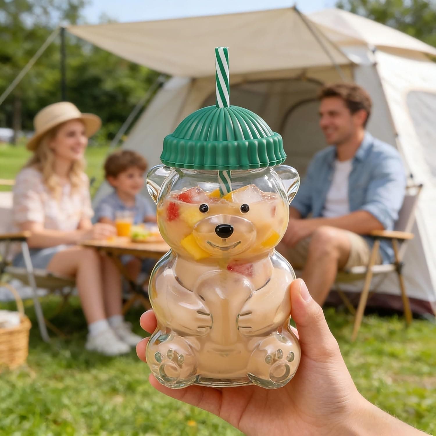DHVSAM New Black Bear Straw Cup 600ML Cute Bear Glass Tumbler with Reusable Straw - Viral Animal Design for Smoothies, Boba & Iced Coffee