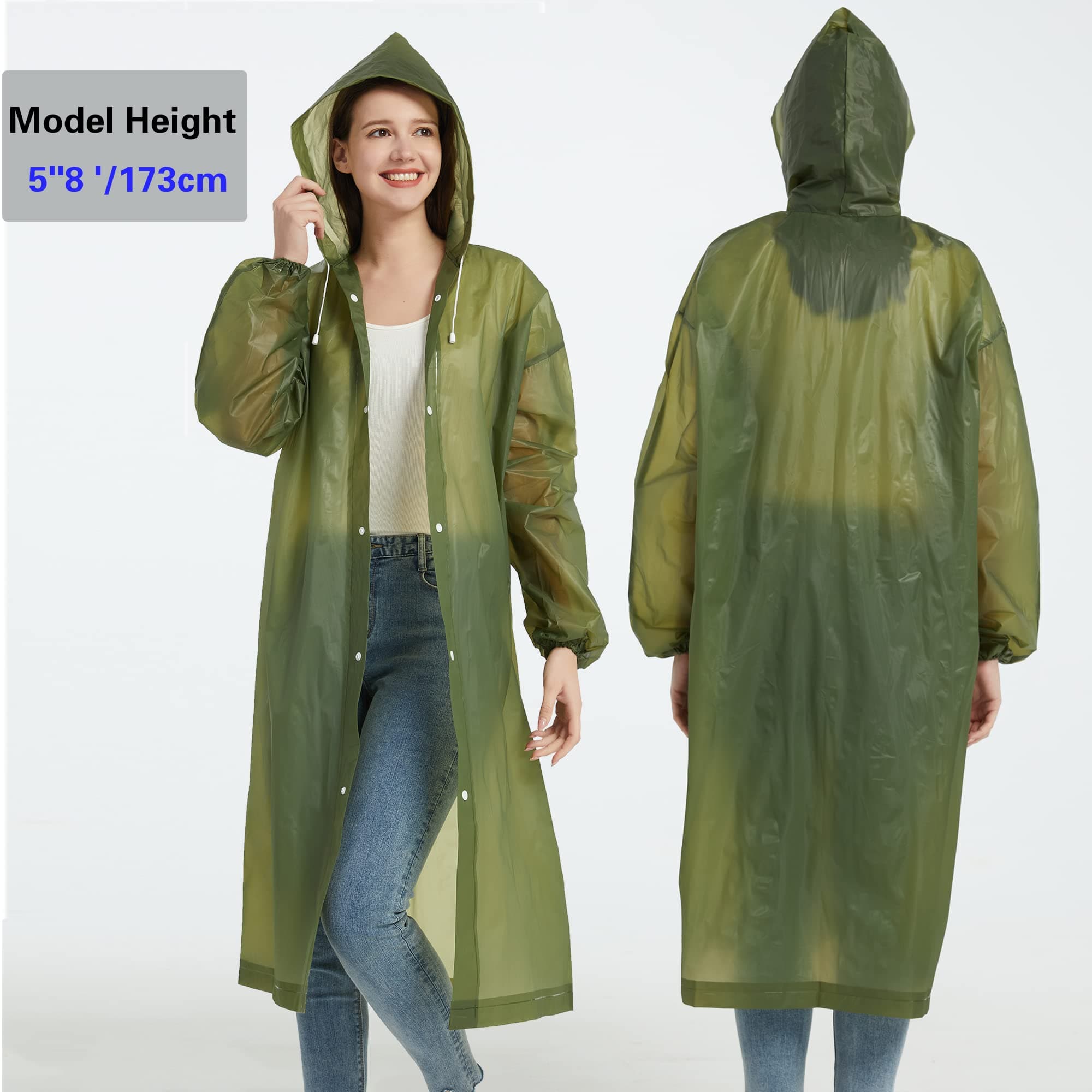 YDYJKI Rain Coats (2 Pack) -Rain Ponchos for Adults Reusable Rain Jackets Raincoats for Men Women (Army Green)