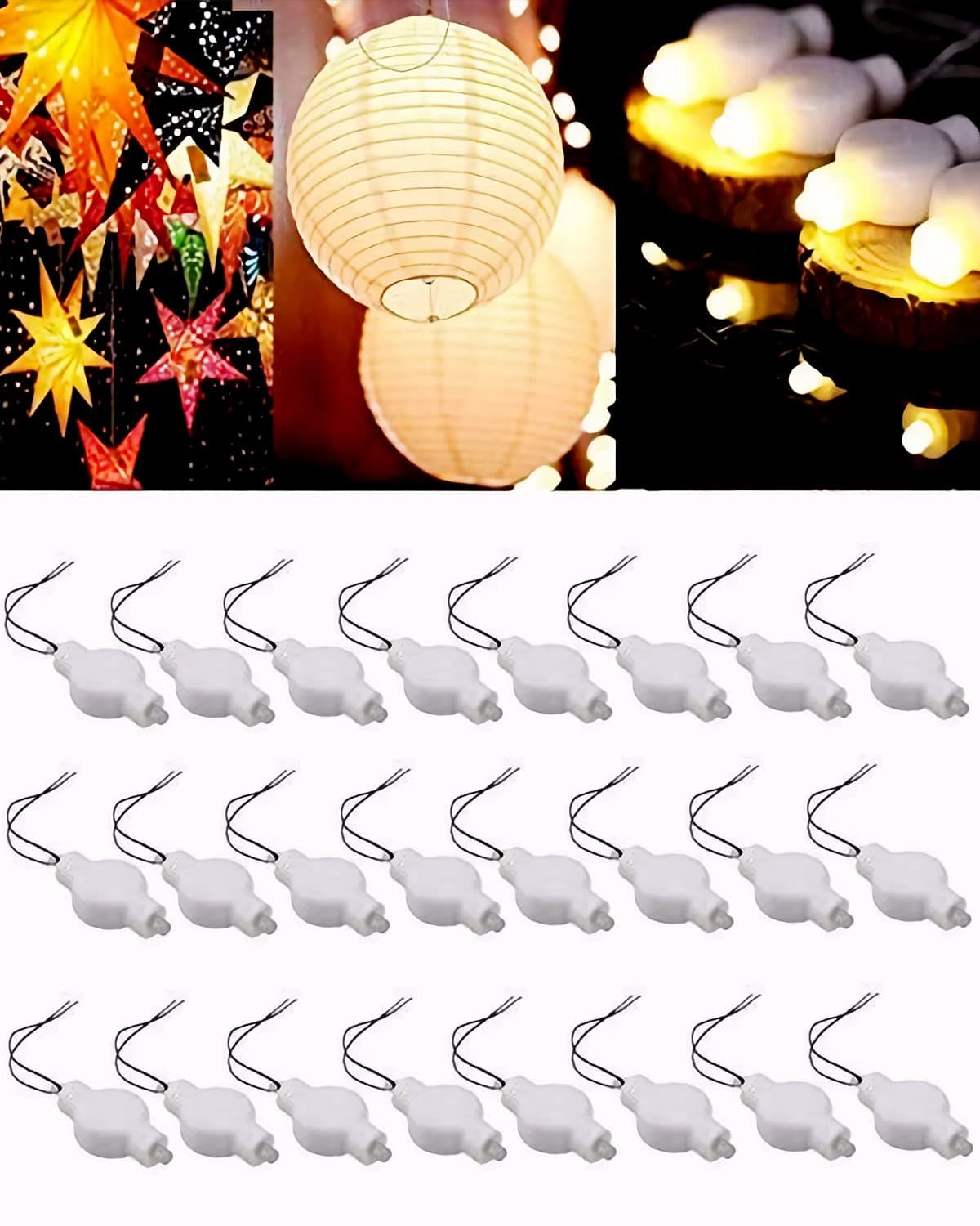 LOGUIDE 24 Pack Warm White LED Lanterns, Paper Shade, Traditional Style, White Color, Light Emitting Diode, Round Shape, Festival Decoration, String Mount, Lantern