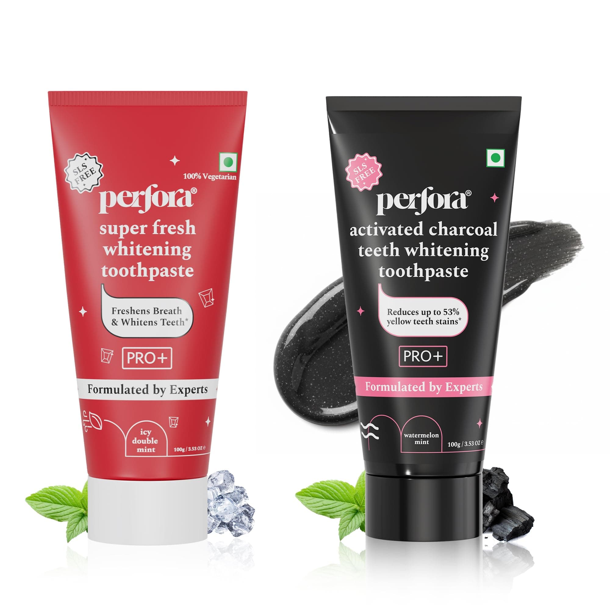 Perfora Teeth Whitening Toothpaste Combo - Enamel Safe Teeth Whitening Tooth paste for Men & Women | Super Fresh & Activated Charcoal - SLS & Fluroide Free (200 g, Pack of 2)