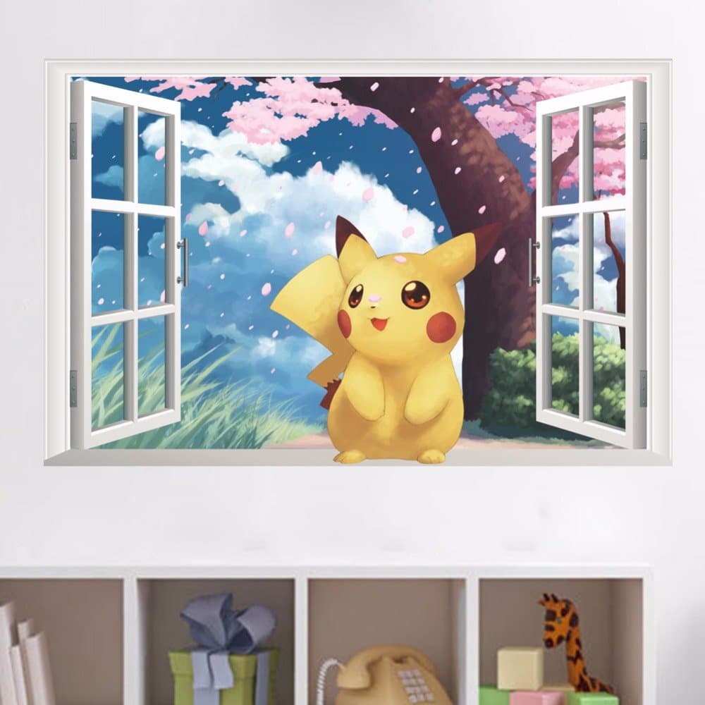 GADGETS WRAP Cute Pikachu Fake Window Wall Decal- Multicolor