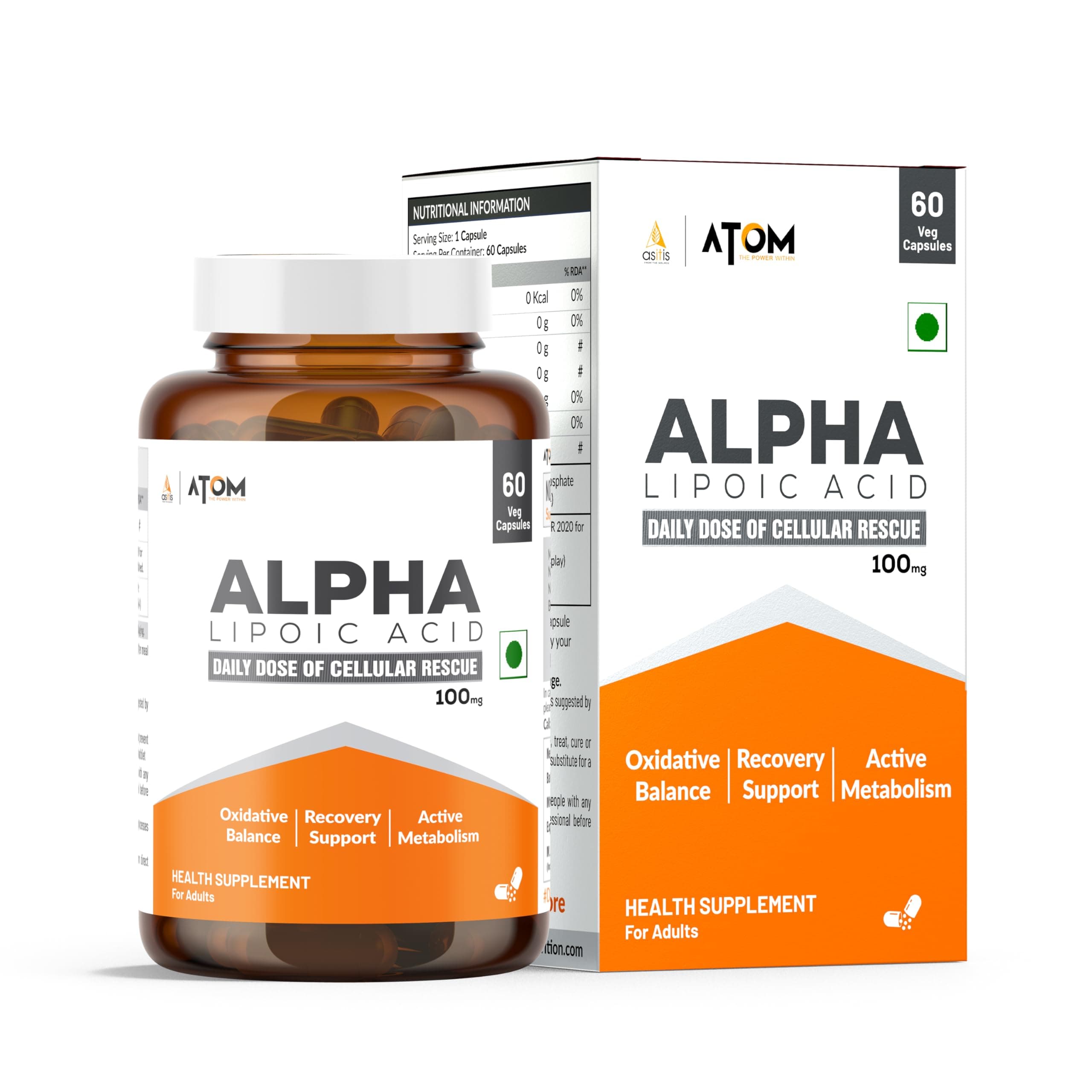 AS-IT-IS ATOM ALA (Alpha Lipoic Acid) 100mg I 60 Veg Capsules I Antioxidant Support for Overall Health I Health Supplement for Men & Women