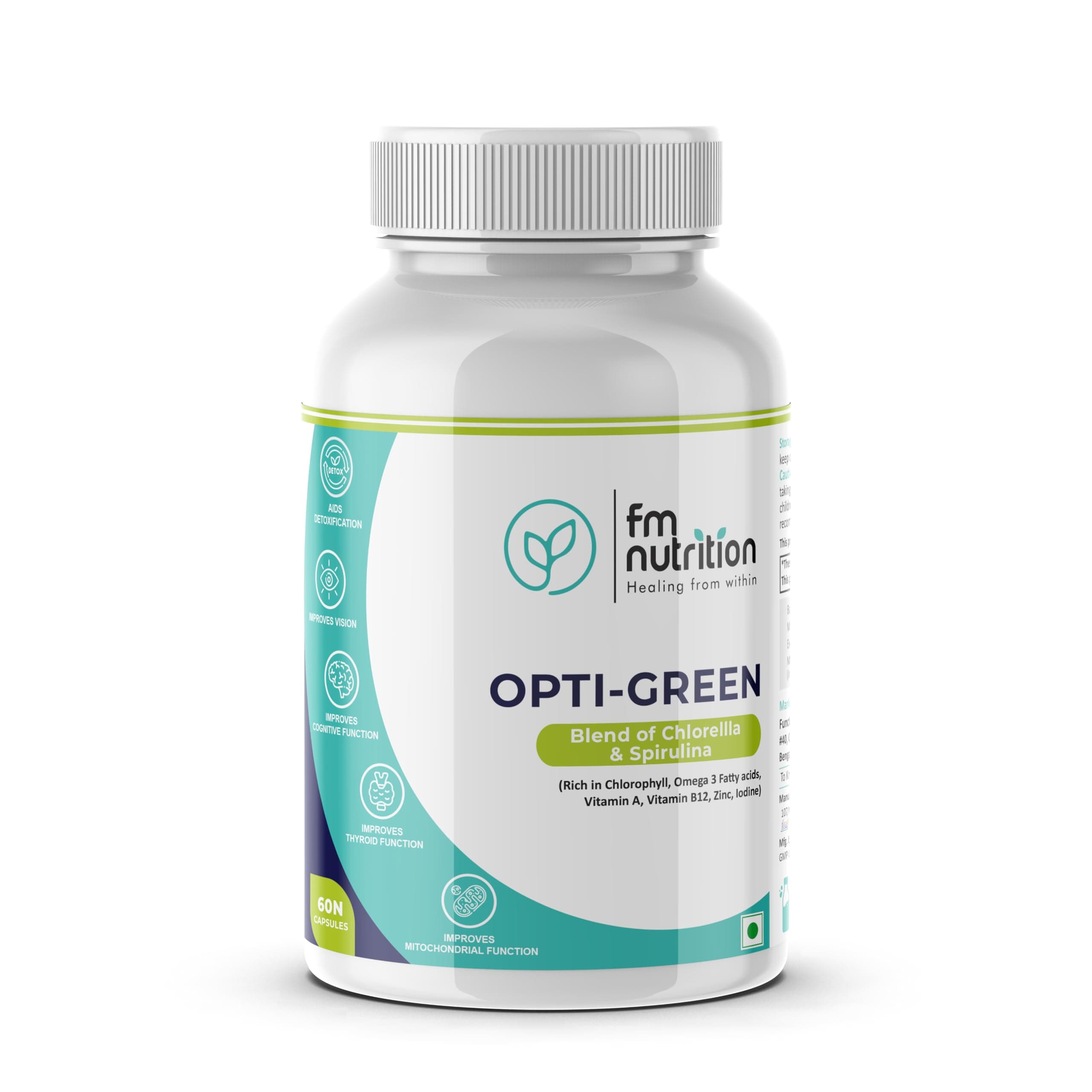 FM Nutrition Opti-Green Chlorella Spirulina Capsules 60 Veg | Green Superfood Algae Supplement for Detox Support, Plant Protein & Energy | Antioxidant, Immune & Mitochondrial Wellness Formula