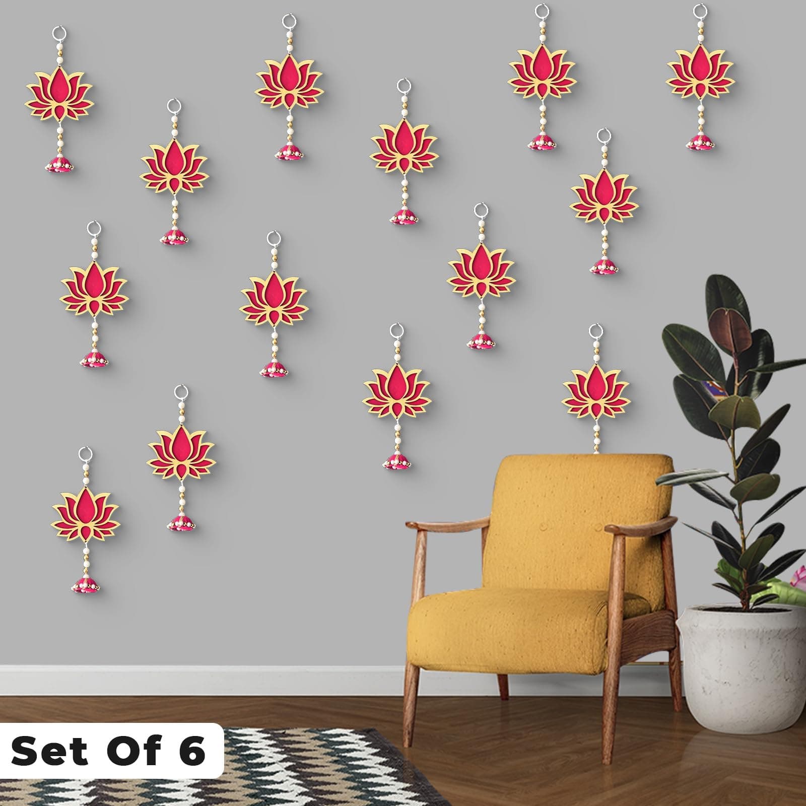 PANCA Lotus Wall Hanging with Jhumki - Set of 6 | Pink/Raani Artificial Flowers Bunch | Decorative Wall Hanging for Pooja Room, Mandir, Door, Varalakshmi & Diwali Festival Home Décor