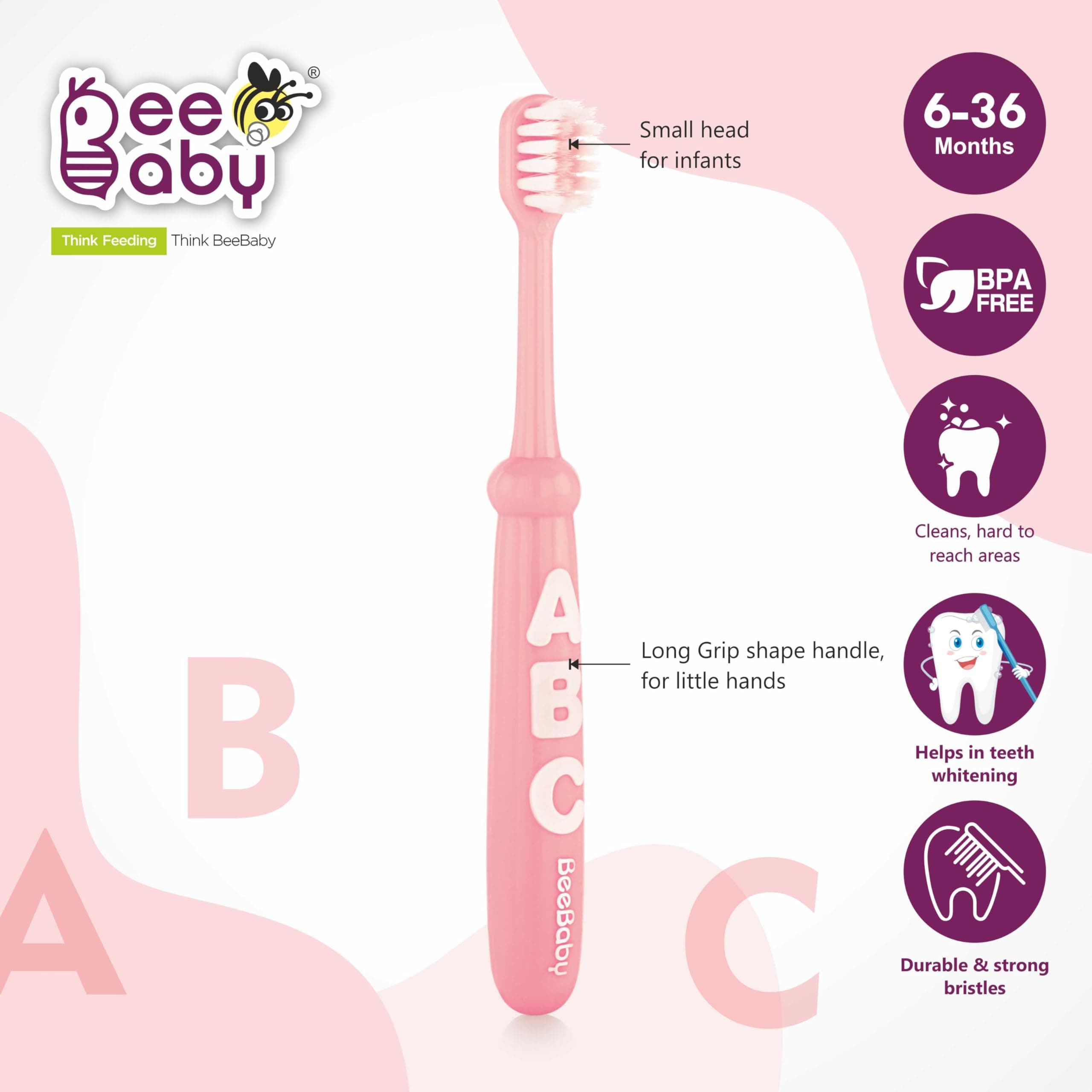 BeeBaby Brush Buddy Toothbrush for Infants 6 Months +. Small Head 10 x Super Soft Tapered Bristles ideal for Milk Teeth, 100% BPA Free. Blue & Pink. Pack of 2