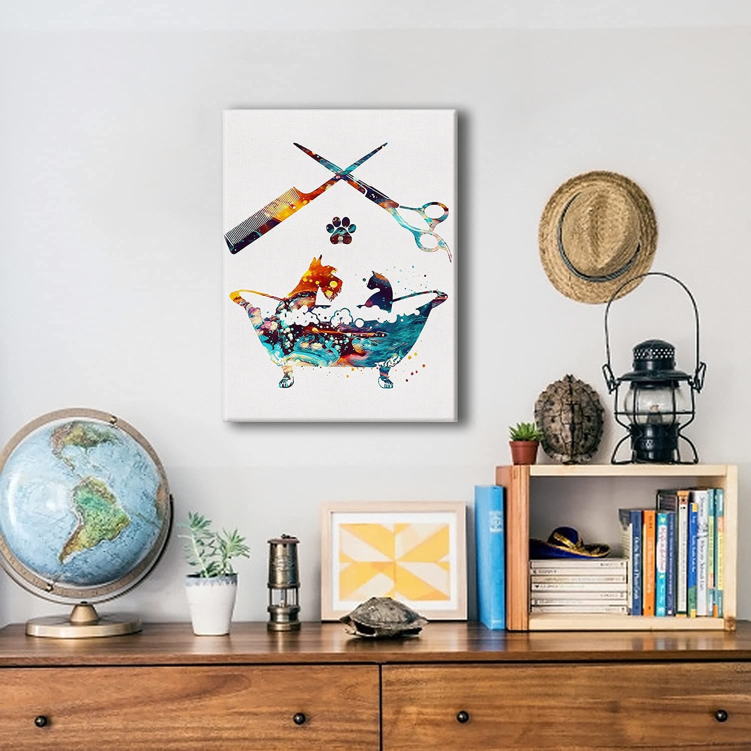 Hijie Dog Grooming Watercolor Poster Canvas Wall Art for Home/Vet Clinic/Salon Decor - Dog Groomers Salon Canvas Print Wall Art Painting Ready to Hang Musician Gifts - Easel & Hanging Hook 12x15 Inch
