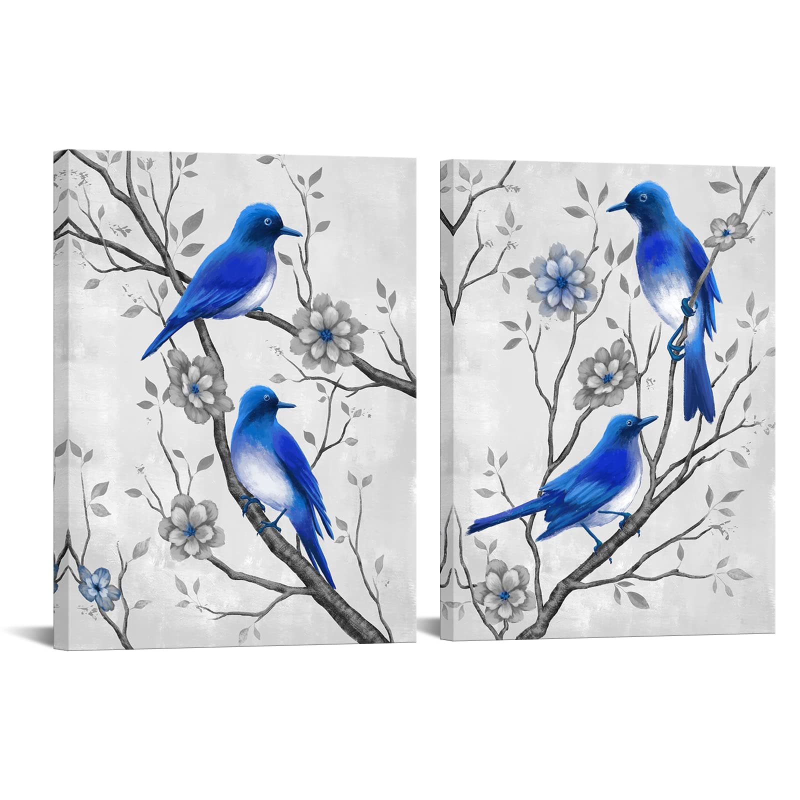 FuShvre Bird Wall Art Sets 2 Pieces Birds on Flower Tree Canvas Print for Living Room Bedroom Kitchen Wall Decor Stretched and Framed Garden Artwork Ready to Hang Each 12"x16"