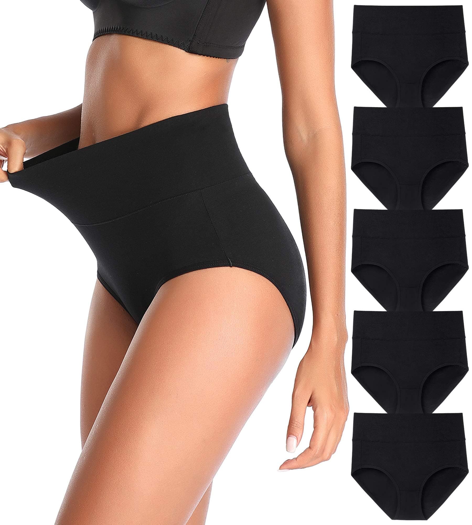 QOVOQ Women's High Waisted Full Coverage Underwear, Ladies Soft Cotton Brief Panties 5-Pack Black