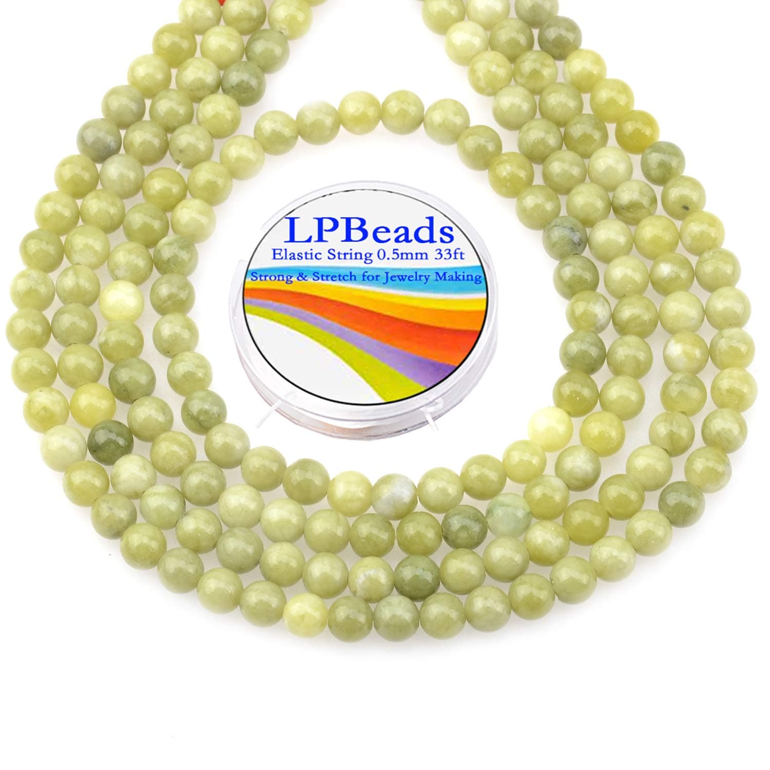 LPBeads 80Pcs Polished 10mm Round Natural Green Jade Gemstone Loose Beads with Stretch Cord for Jewelry Making Bracelets