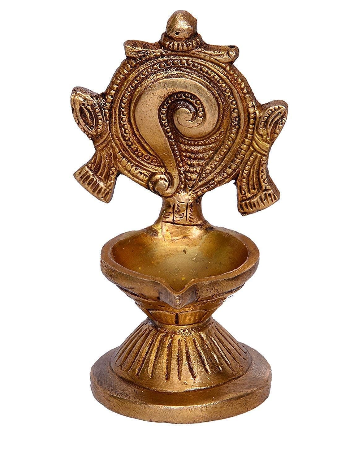 Artvarko Brass Lord Vishnu Shankh Chakra Design Nila Vilakku Brass Aarti Diya Deepak Oil Lamp Deepam for Home / Temple Decor 4 Inch