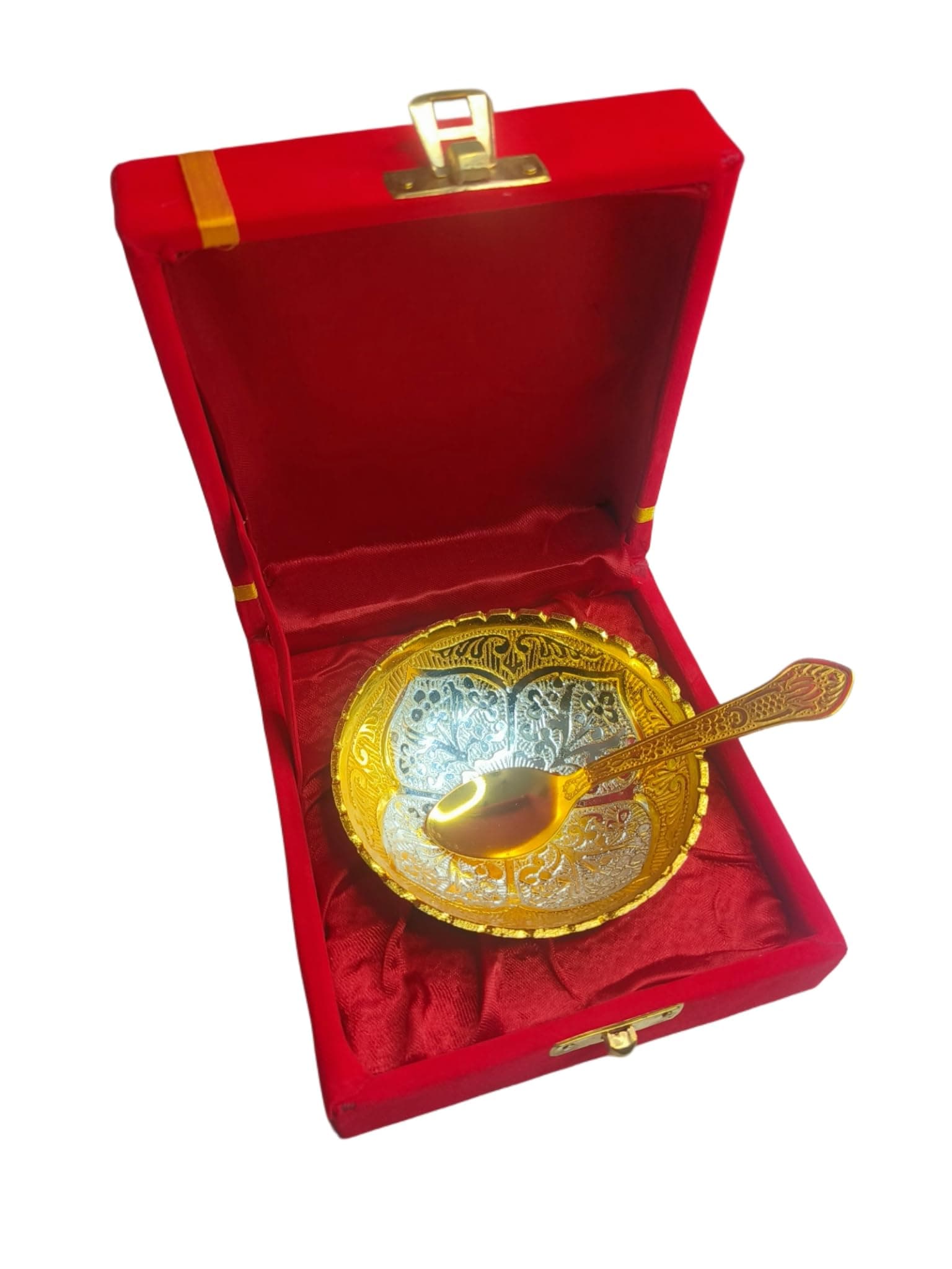 Indicraftsvilla Luxury Gold and Silver Plated Decorative Bowl with Spoon in Red Velvet Gift Box, Traditional Indian Style, Metal Serving Dish Set