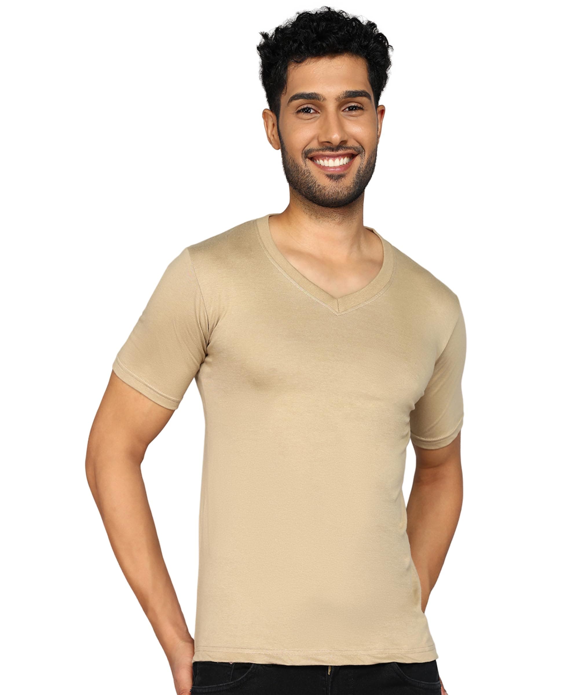 FLEXIMAA Men's Cotton Plain V Neck Half Sleeve T-Shirt
