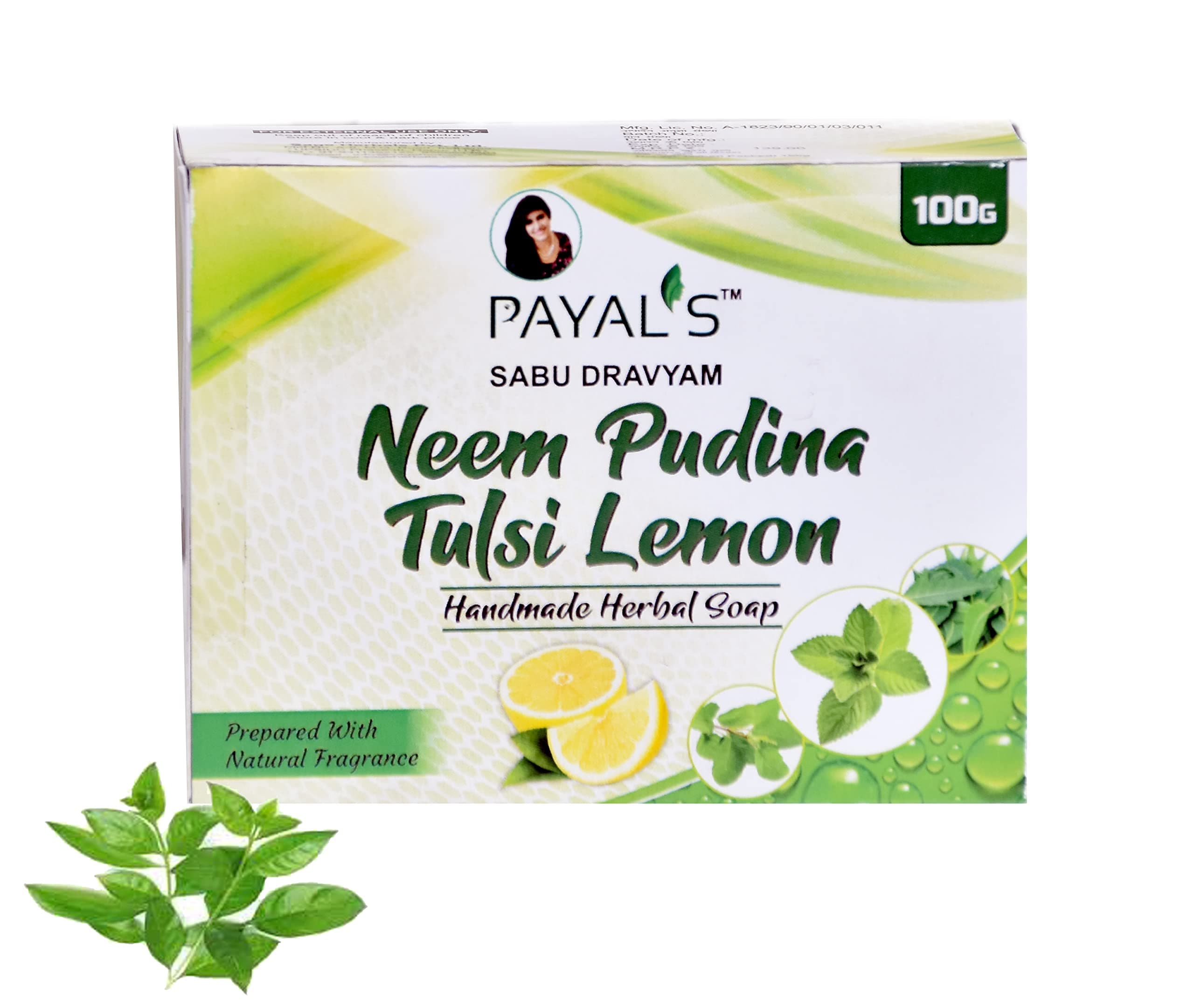 Payal's Herbal Soap with Neem Pudina Tulsi Lemon | Natural Bathing Bar for Deep Cleansing, Refreshing & Skin Care | Ayurvedic, Moisturizing | Chemical-Free | 100g