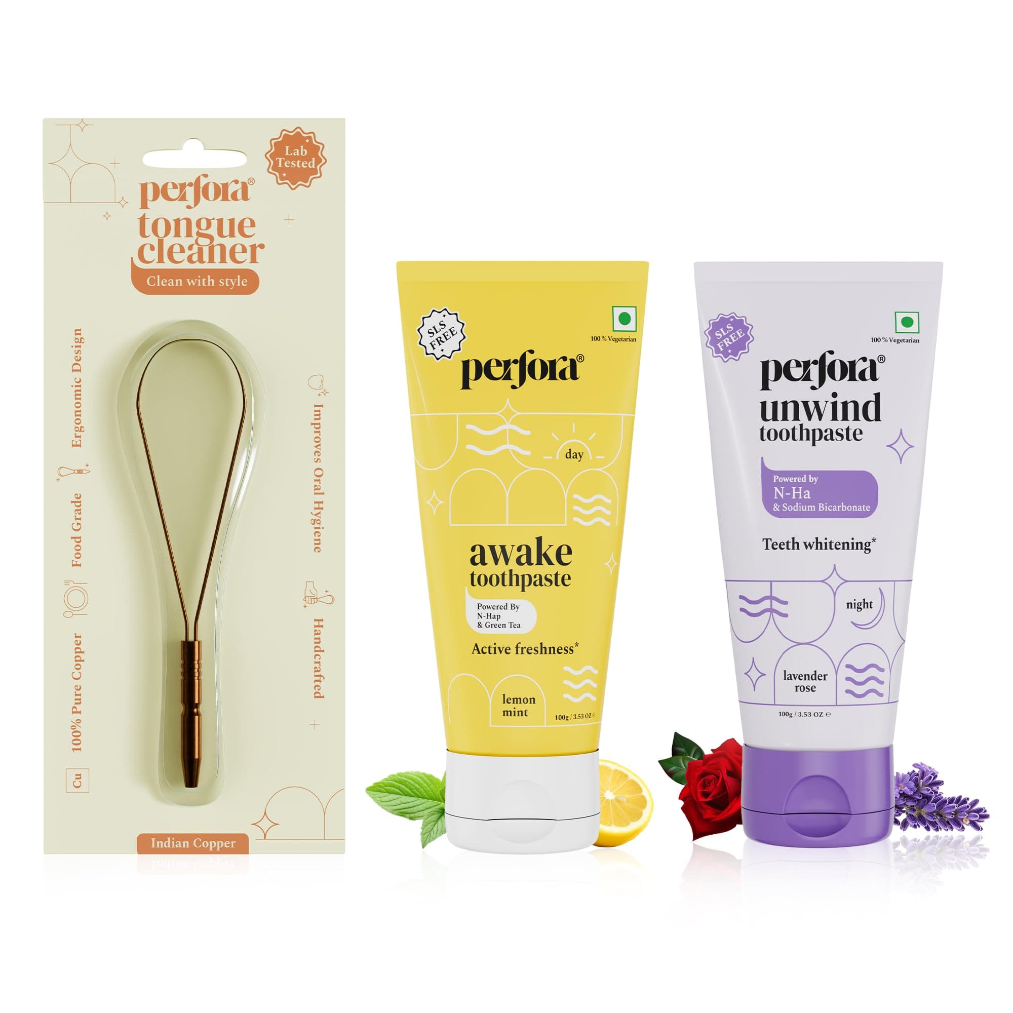Perfora Tongue Cleaner & The Daily Routine Awake & Unwind Toothpaste Combo|Active Freshness & Cavity Prevention|Sls & Fluoride Free Toothpastes With N-Ha For Oral Care|Copper Tongue Scraper-200 Gm