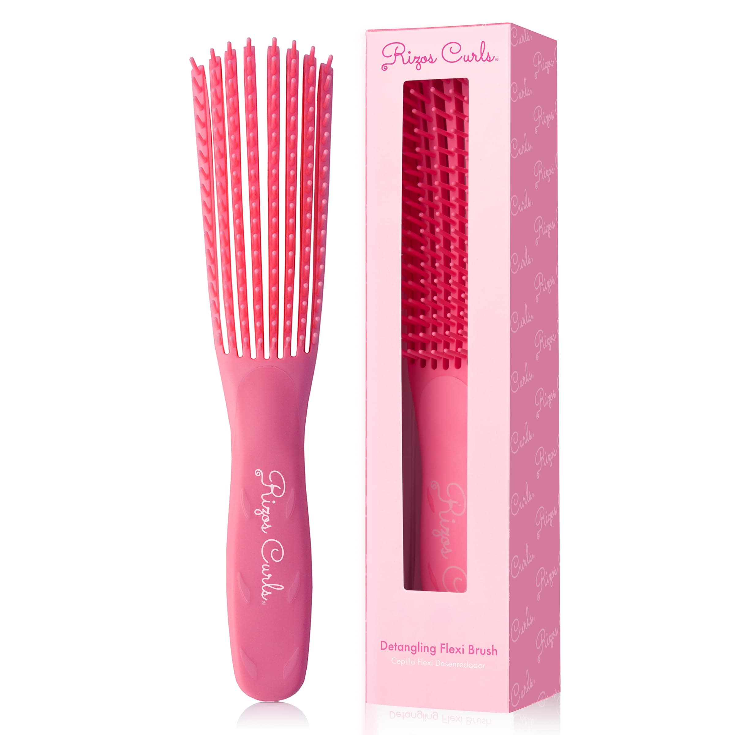 Rizos Curls Pink Detangling Flexi Brush for Curly Hair, Flexible comb glides with curls to easily detangle, no pull or pain
