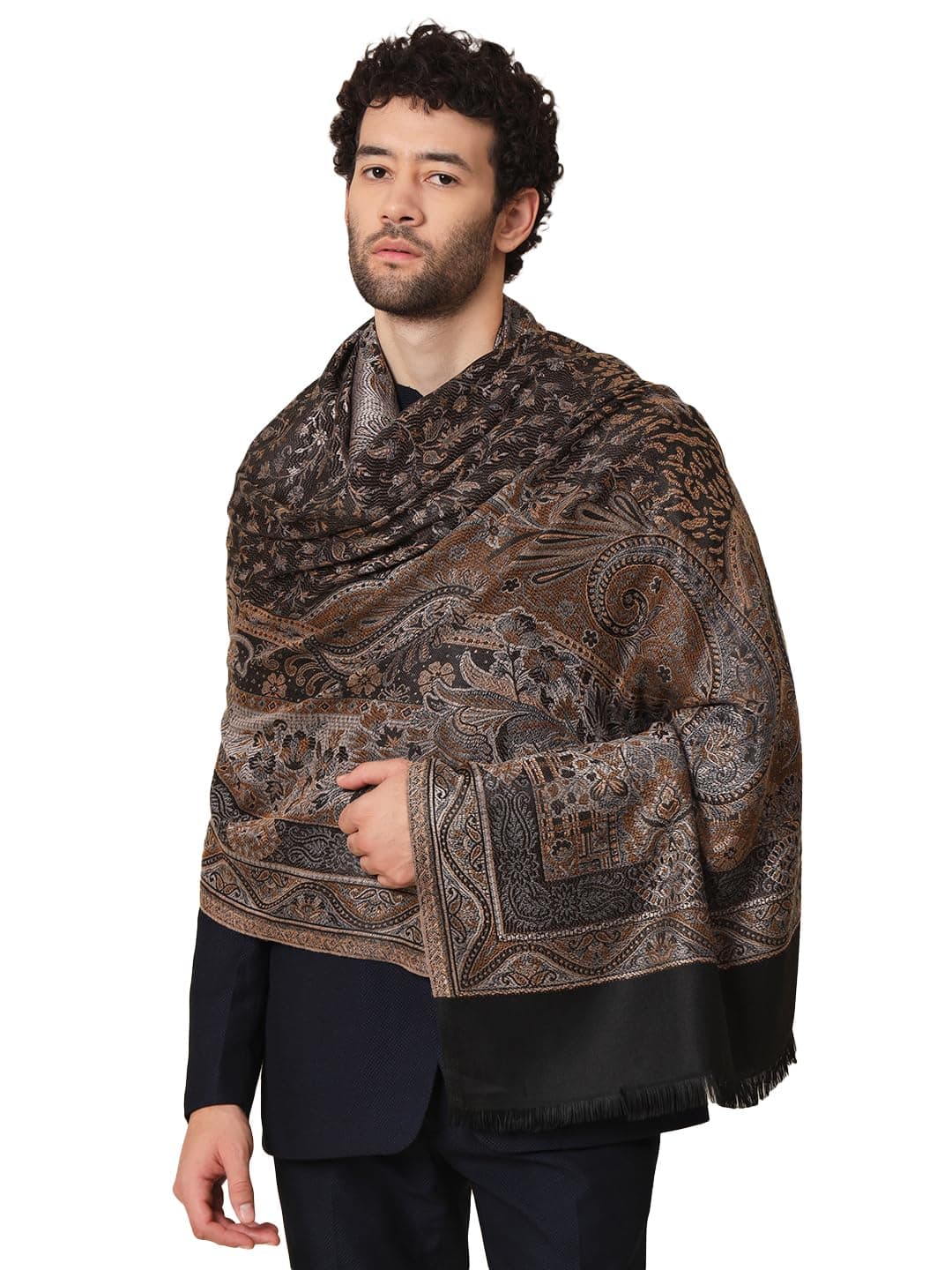Zamour Polyester Blend Faux Pashmina Soft Jamawar Woven Shawl For Men (Golden Black)