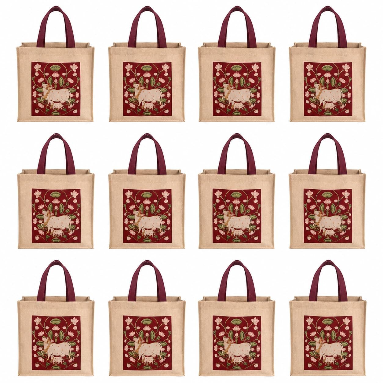 VARU Jute Cotton Return Gift Bags Pichwai Design 12x12x4 Inch Pack of 12