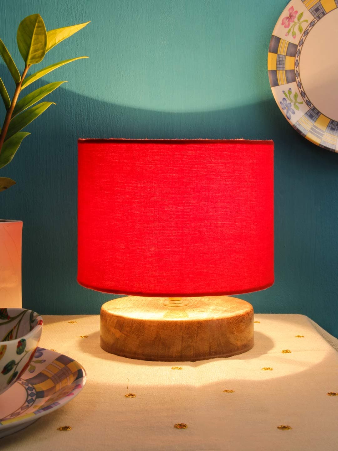 AMDHOME Red Cotton Shade Table Lamp with Wood Base - Height 7 Inches | Warm Ambient Light for Living Room, Bedroom, Home Decor, Study Lampshade