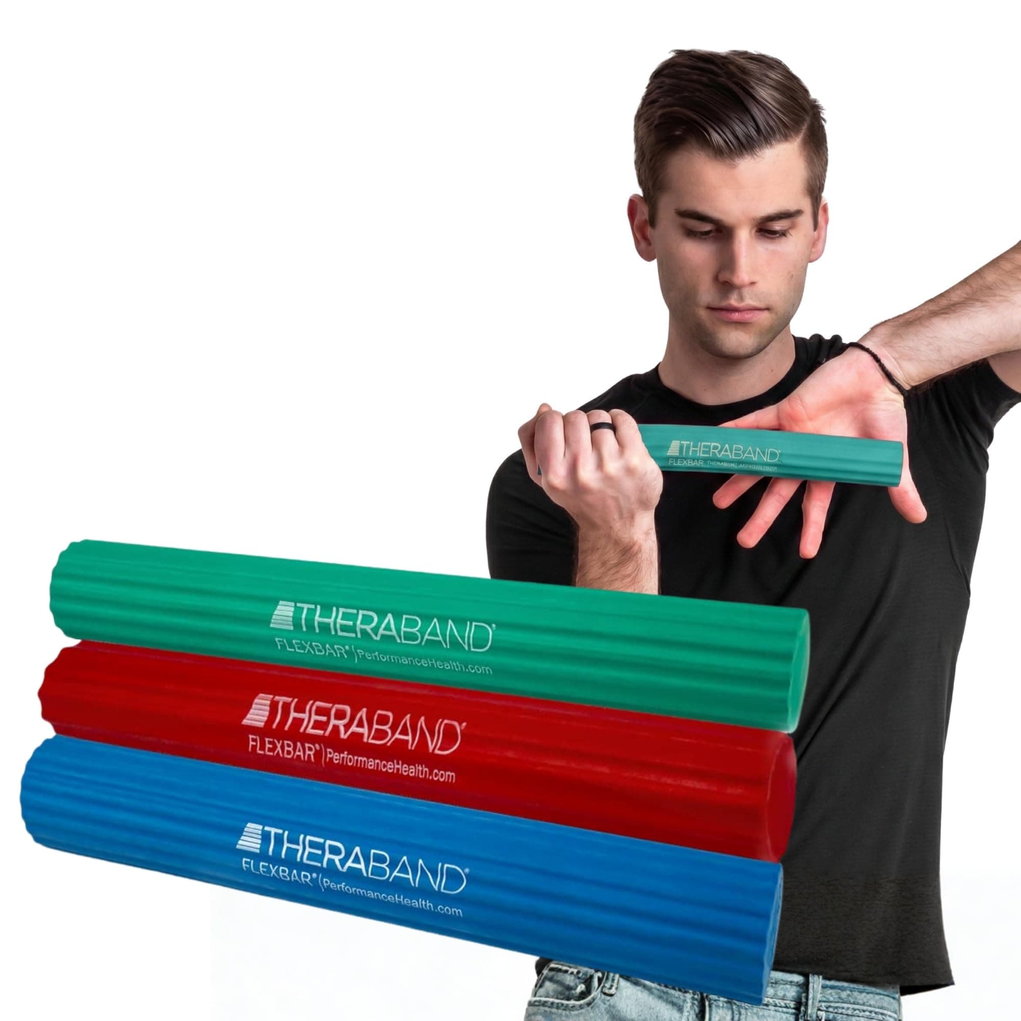 THERABAND FlexBar, Tennis Elbow Therapy Bar, Relieve Tendonitis Pain & Improve Grip Strength, Resistance Bar for Golfers Elbow & Tendinitis, 3 Pack, Light-Medium-Heavy, RED/Green/Blue