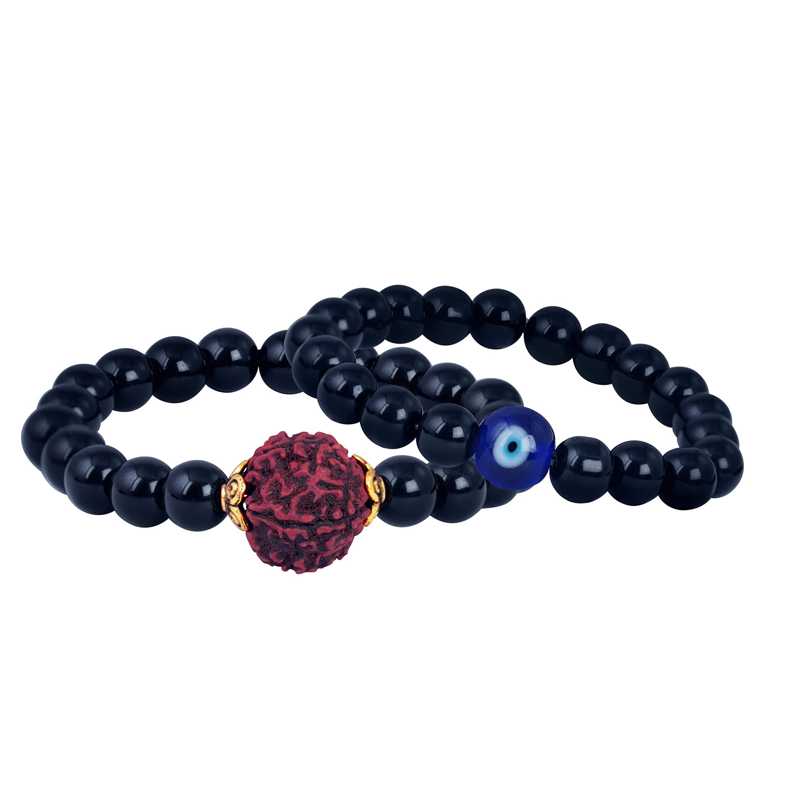 JFL - Jewellery for Less Black Onyx Stone with Panch Mukhi Rudraksha and Evil Eye bead Stretchable Bracelet for Men and Boys.Valentine