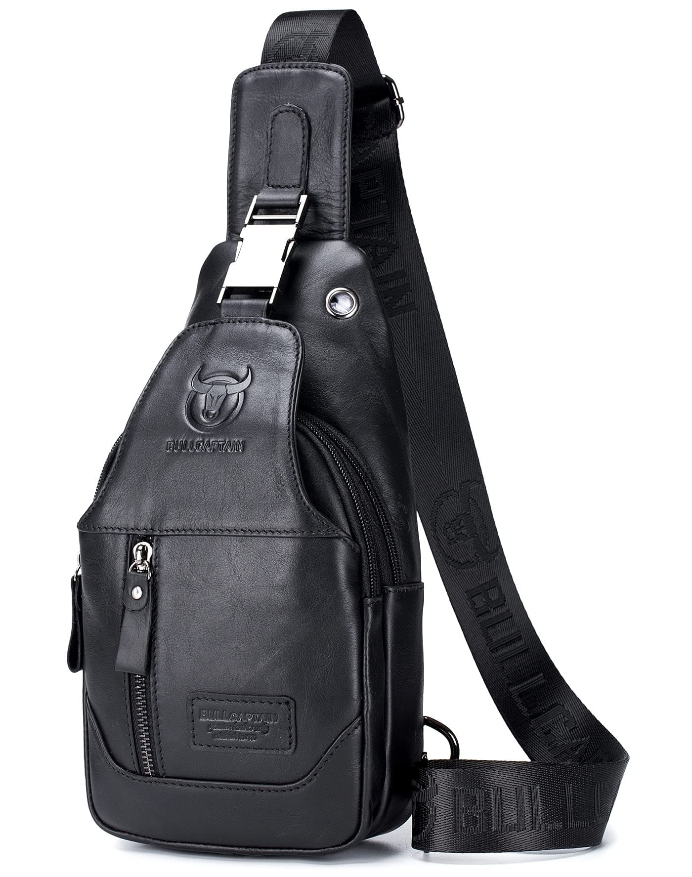 BULLCAPTAIN Genuine Leather Men Sling Backpack Multi Pocket Crossbody Chest Bags Travel Hiking Daypack, Black, 11.01"x6.29"x2.36"