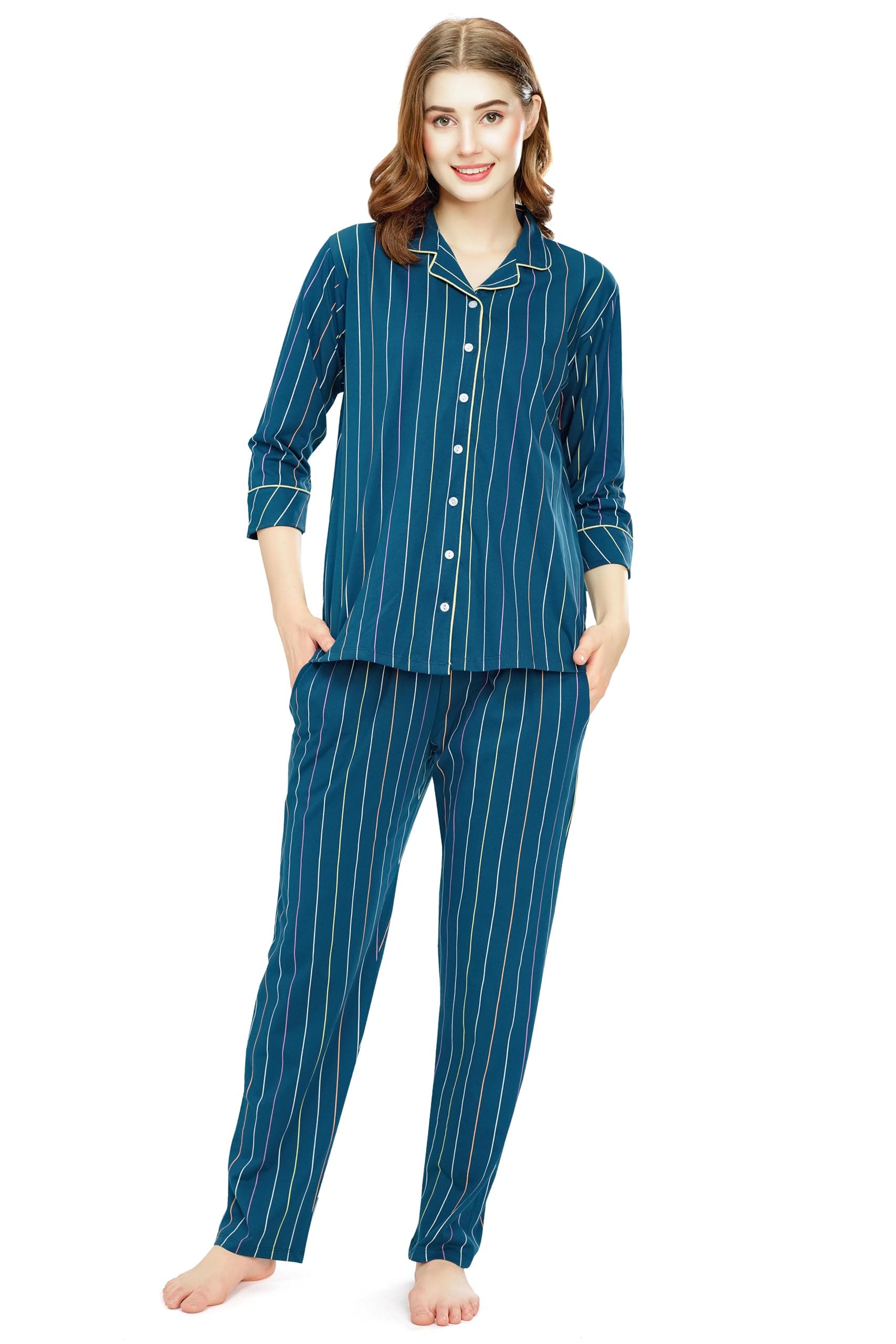 ZEYO Night Suit for Women's Teal Blue Stripe Printed Cotton Night Dress of Shirt and Pajama Set 5768