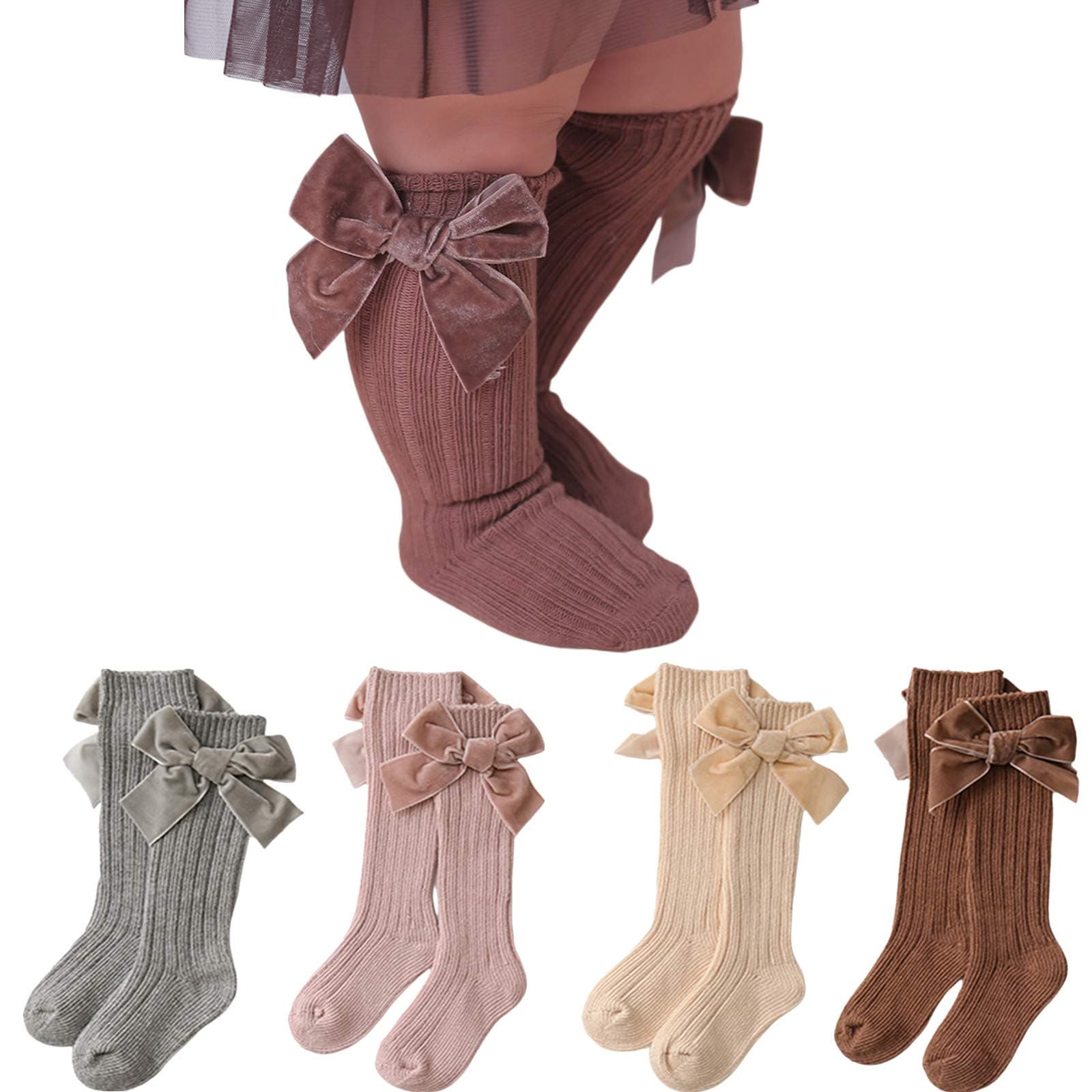 Merqwadd 4-Pack Baby Girls Knee High Socks Infants Toddlers Bow Knit Socks Cotton Tube Ruffled Stockings, Christmas Color-4 Pack, 1-3T
