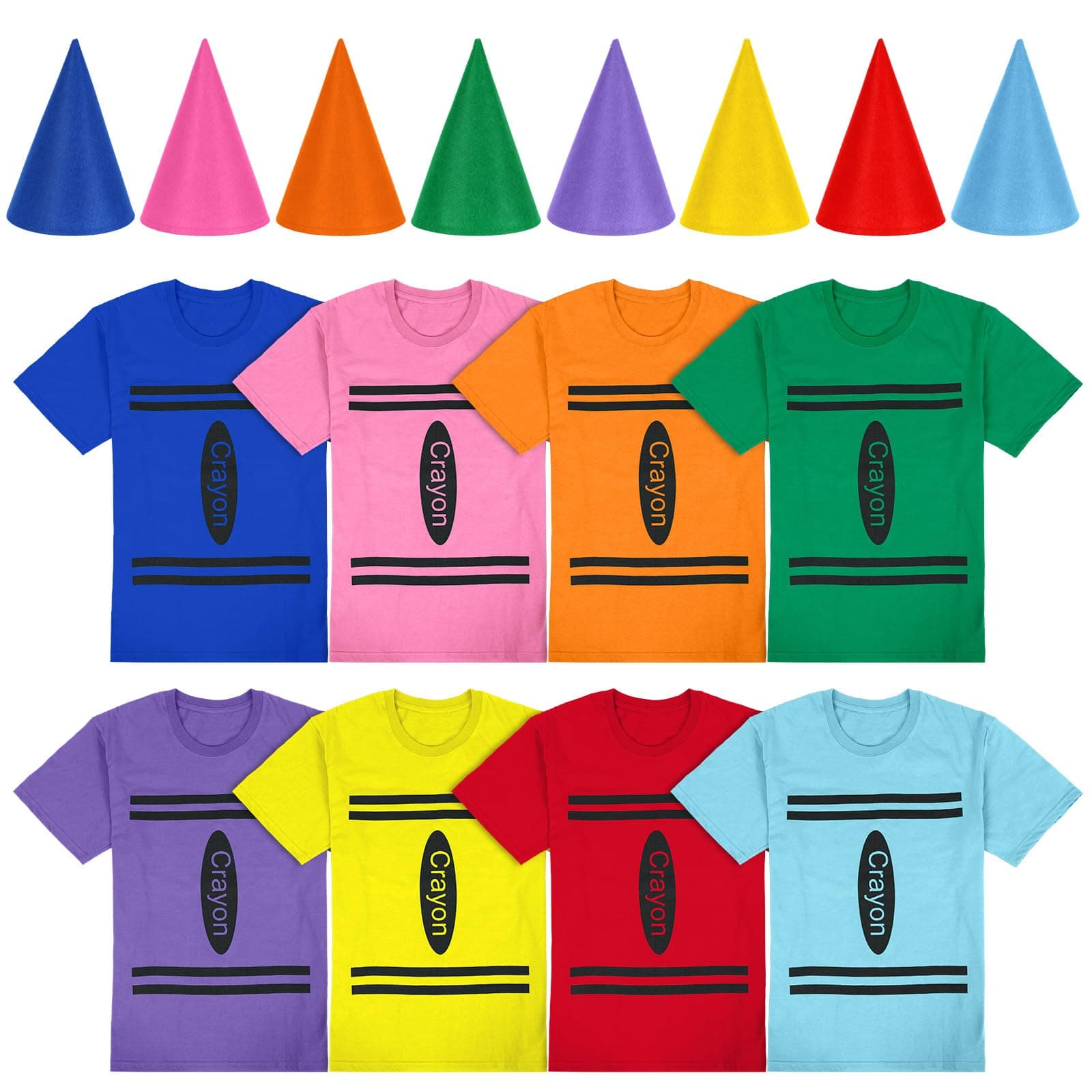 Twistover 8 Sets Color Crayon Shirt and Funny Gnome Cone Hats for School Season Costume Couple Group Gift T-Shirt for Unisex Adults Teens Elf Hats for Halloween School Party Supplies, 8 Colors, L,