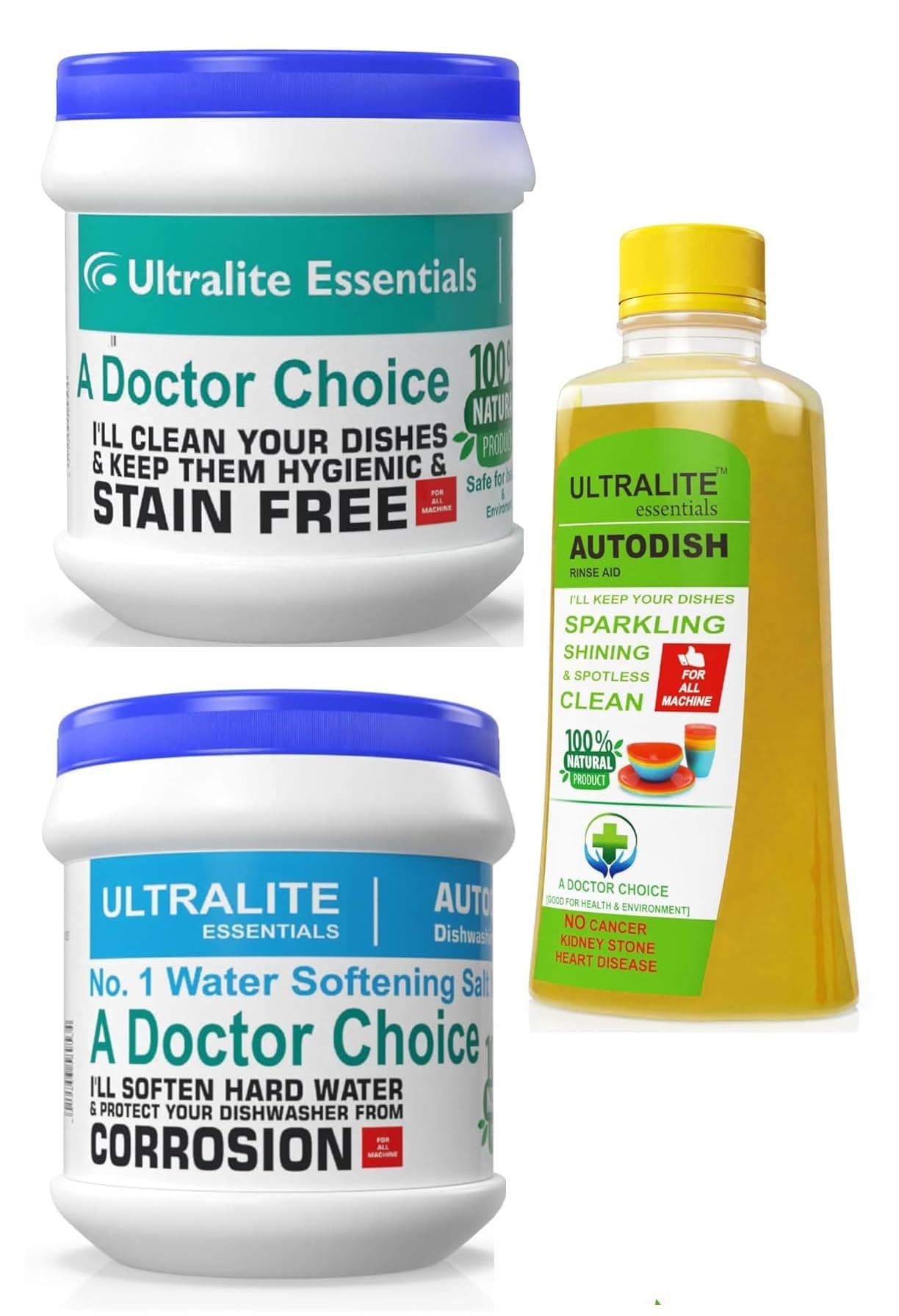 Ultralite essentials | 100% Natural | Dishwasher Detergent Kit (Rinse Aid Liquid- 200ml + Dishwasher Salt - 1Kg + Dishwasher Detergent Powder- 1Kg) | safe for our health and Evironment.