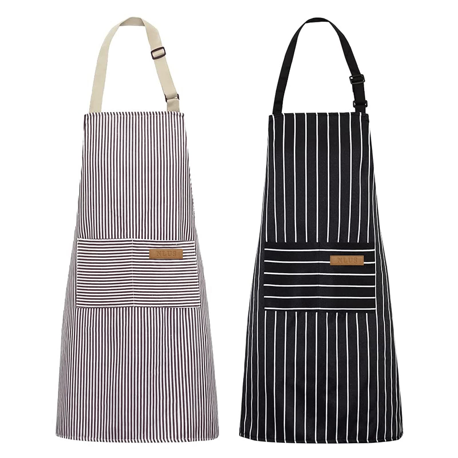 2 Pack Kitchen Cooking Aprons, Adjustable Bib Soft Chef Apron with 2 Pockets for Men Women (Black/Brown Stripes)