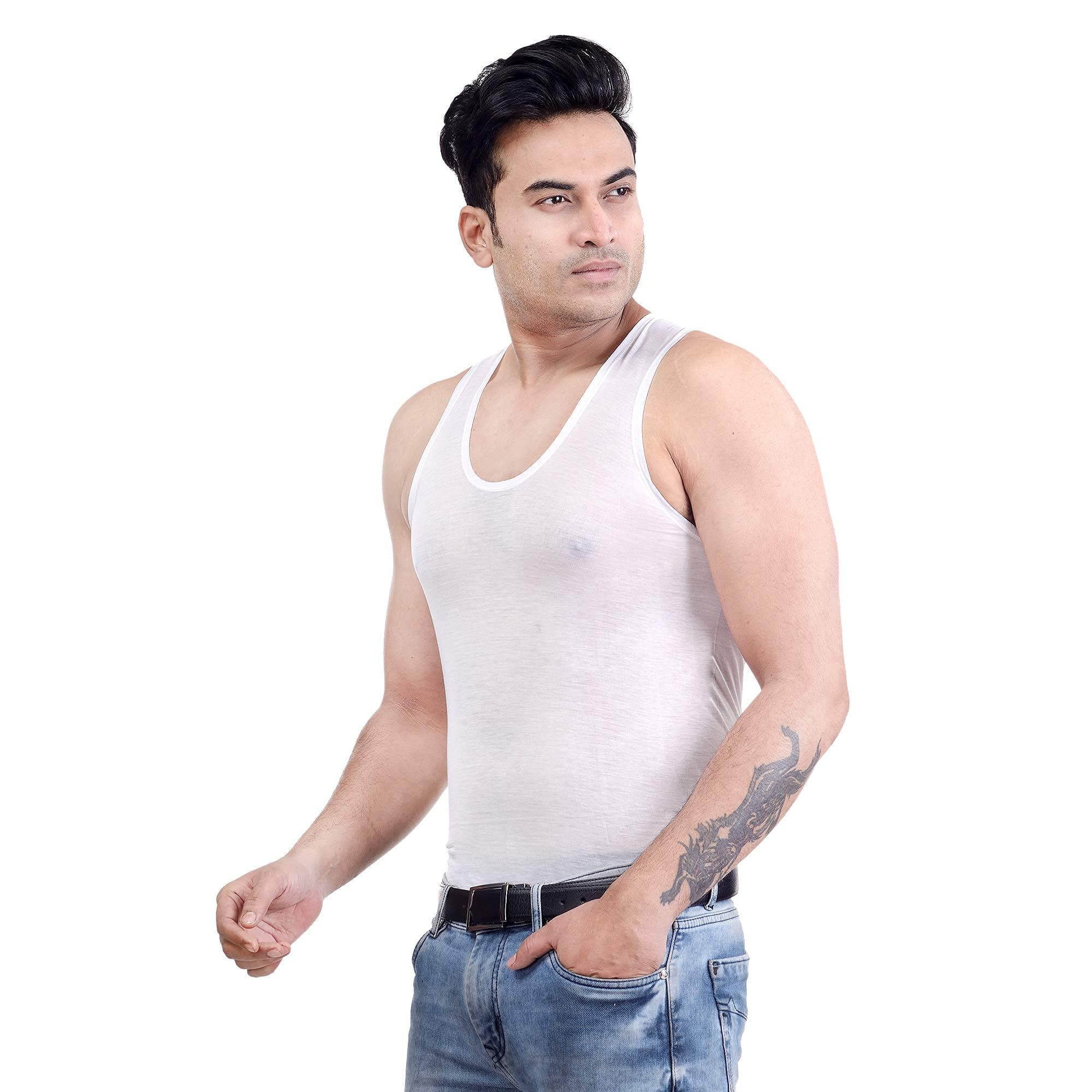 Madan China Men's Cotton Sleeveless Vest (White, 110 cms)