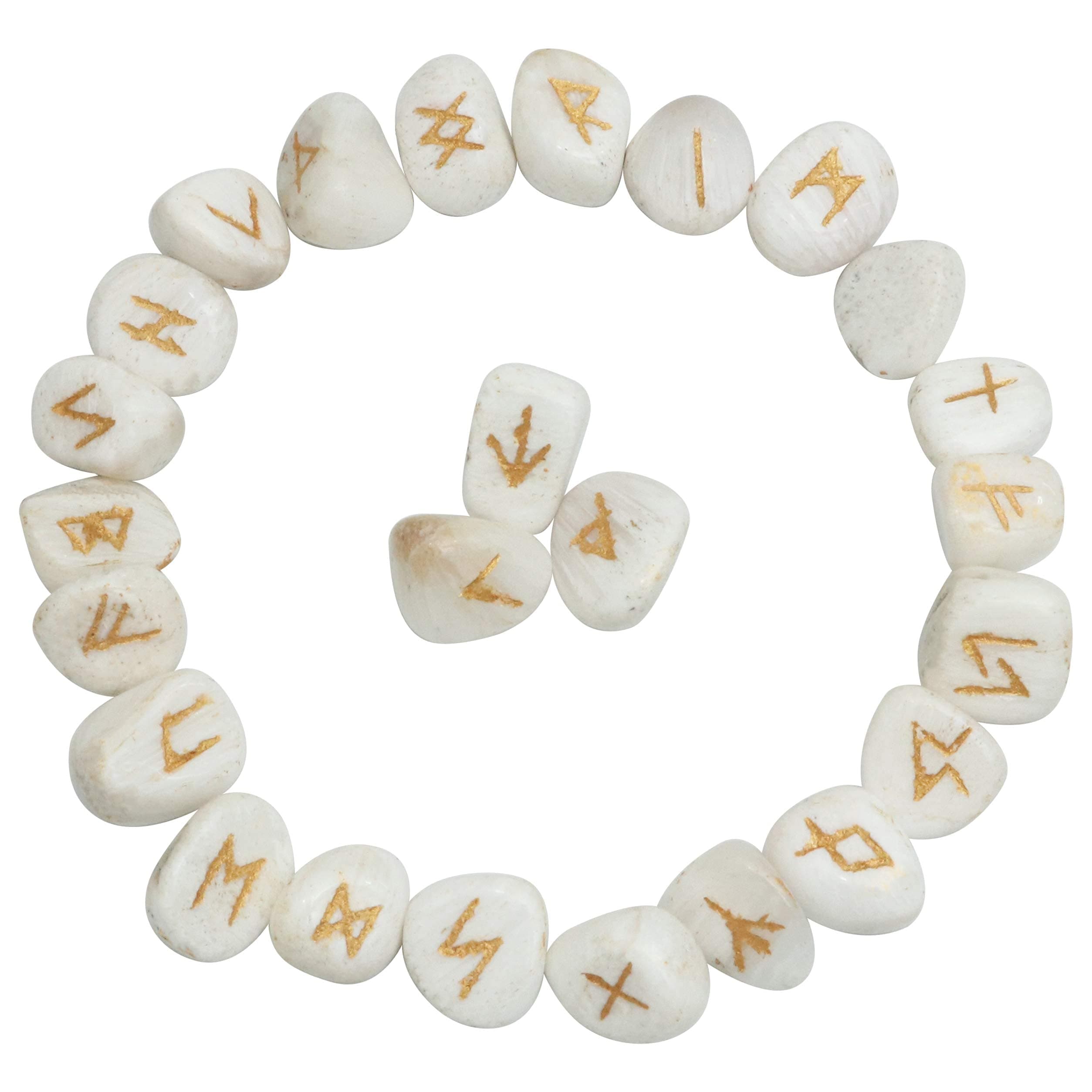 Crocon Scolecite Rune Tumble Shape Gemstone Rune with Elder Futhark Alphabet Engraved 25 pcs Runes Set Crystal Divination Healing Chakra Reiki with a Pouch Size : 15-20 mm