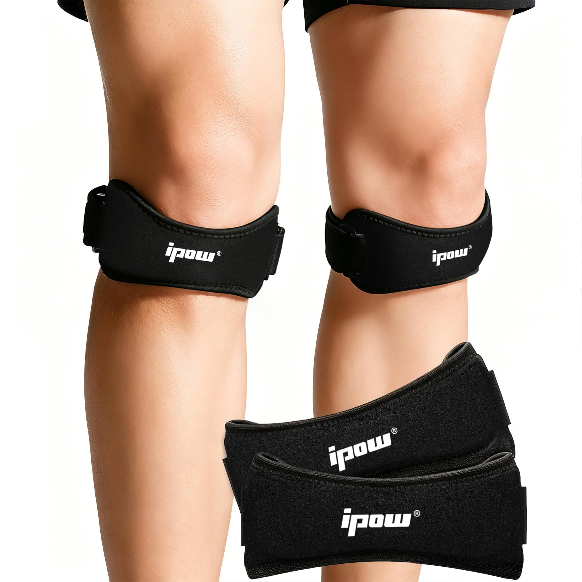 Ipow Fully Adjustable Jumpers's Knee Patellar Tendon Support Strap Band.- Knee Support Brace Pads Fit Running,basketball Outdoor Sport,set of 2 (BLACK)