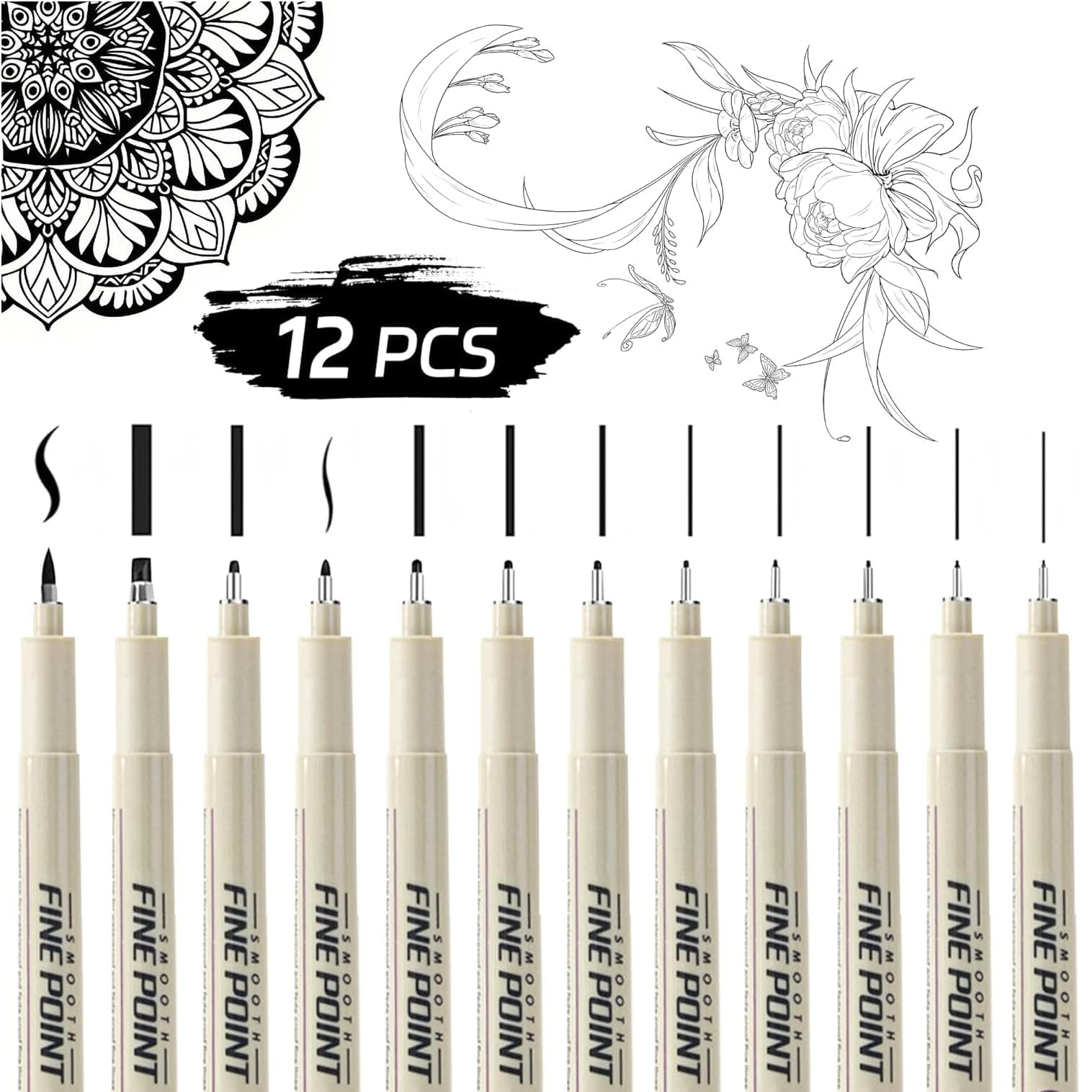 Amitasha 12 Pieces Black Fine Point Pens Set with Different Nib Sizes – Extra Fine Point Type for Calligraphy, Drawing, Writing, Designing, Comic, Waterproof & Quick Drying