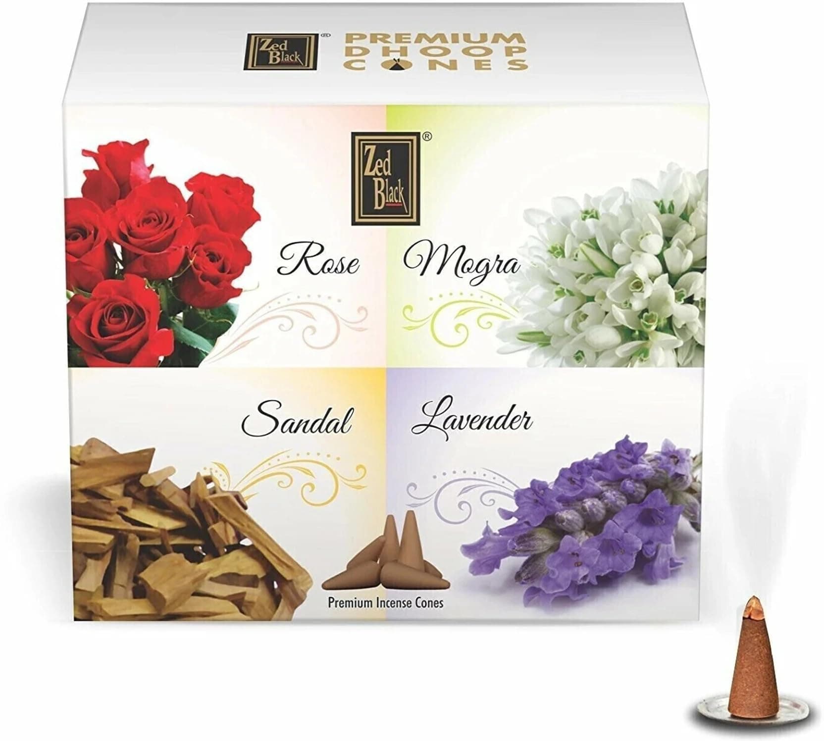 Zed Black Premium Dhoop Cones Pack of 12 | Rose, Mogra, Sandal & Lavender | Long Lasting Fragrance | Dhoop Aroma Cones for Puja, Meditation & Home Fragrance | Easy to Use | Made in India