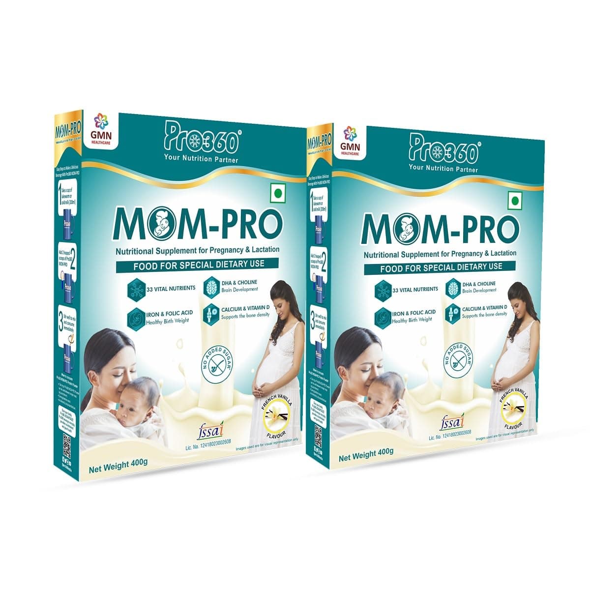 Pro360 MOM-PRO Protein Powder Nutritional Supplement for Pregnant and Lactating Mother, Complete Maternal Nutrition during Pregnancy and Breastfeeding – French Vanilla (400+400) g Pack of 2