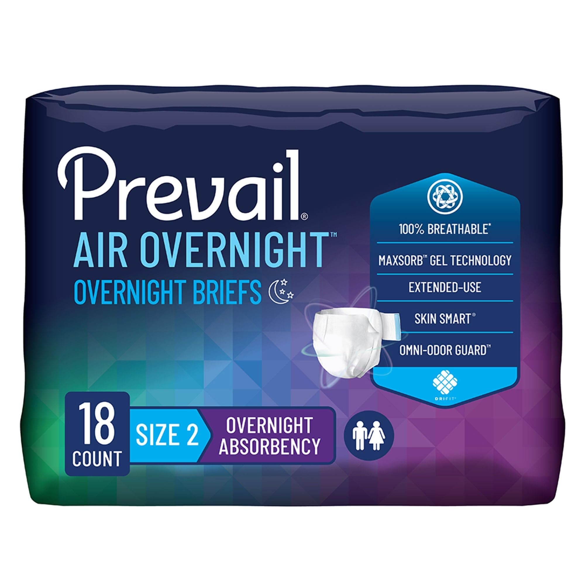 Prevail Air Overnight Briefs Unisex Tab Closure |Tape Style Diaper for Heavy Incontinence | Adult Large Diaper |Adult Diaper | Size 2 Heavy Absorbency 18 - Count